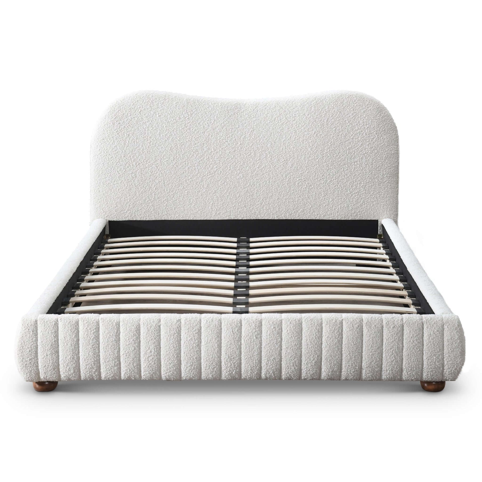Modern upholstered bed frame with curved headboard and wood slats, FredCo International furniture