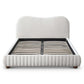Modern upholstered bed frame with curved headboard and wood slats, FredCo International furniture