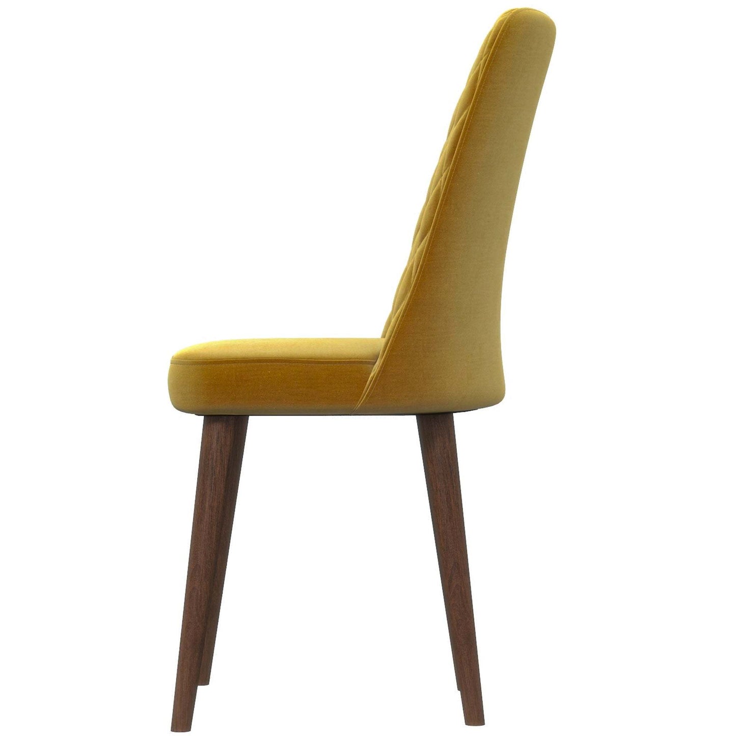 Modern yellow upholstered dining chair with wooden legs, side view, FredCo International furniture