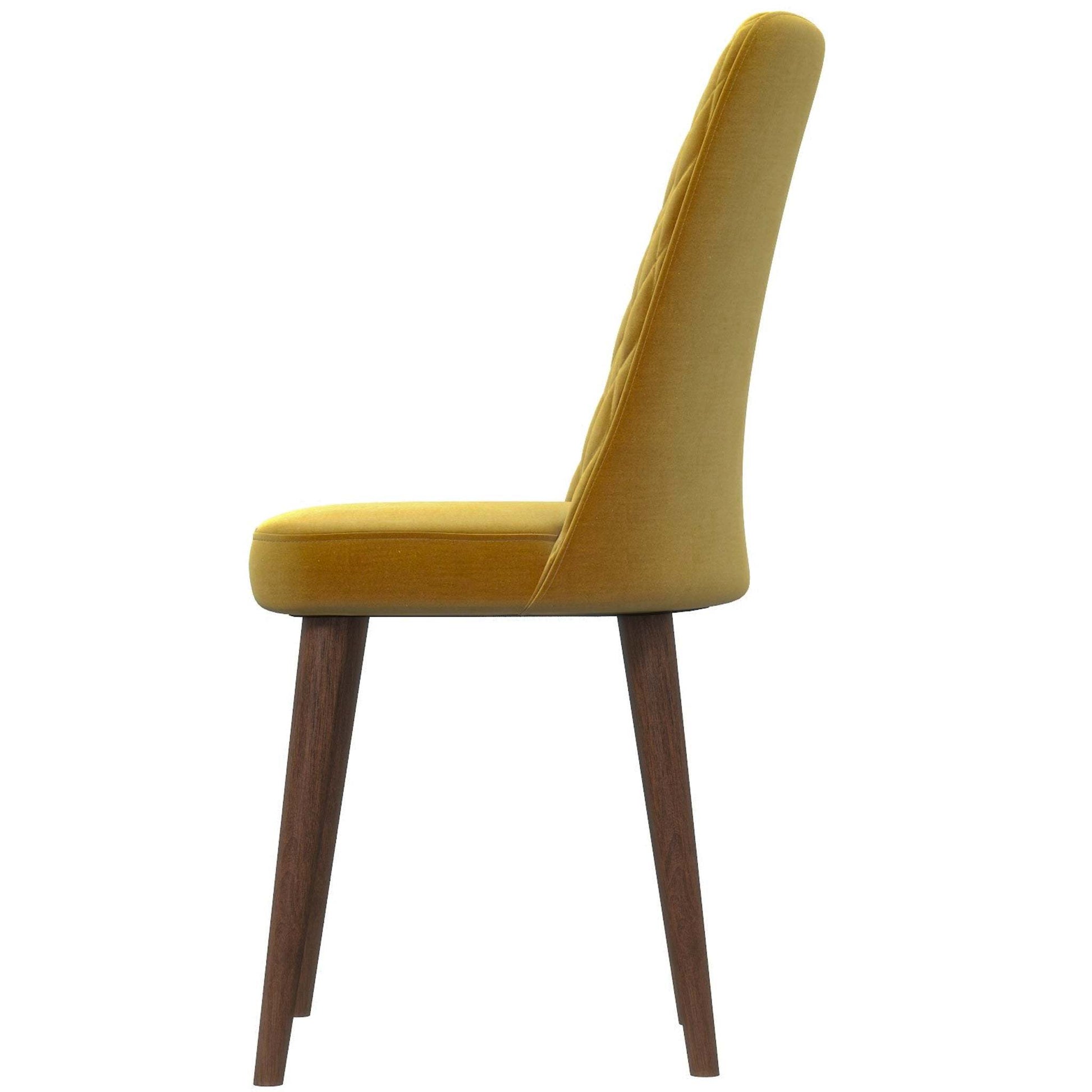 Modern yellow upholstered dining chair with wooden legs, side view, FredCo International furniture