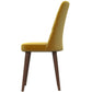 Modern yellow upholstered dining chair with wooden legs, side view, FredCo International furniture