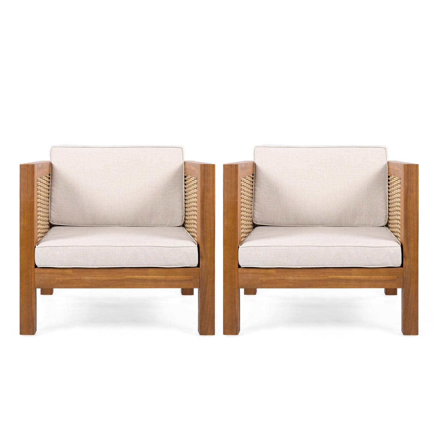 Outdoor Club Chair Set of 2, Acacia Wood Frame with Wicker Armrest and Beige Cushions,400 lbs Capacity FredCo
