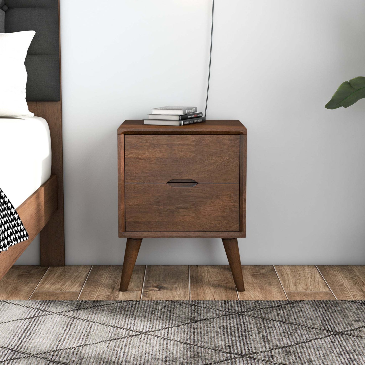 Alexandra Mid-Century Modern Night Stand with 2 Drawers in Walnut Brown Solid Wood 24.8'H x 17.7'W x 15.7'D FredCo