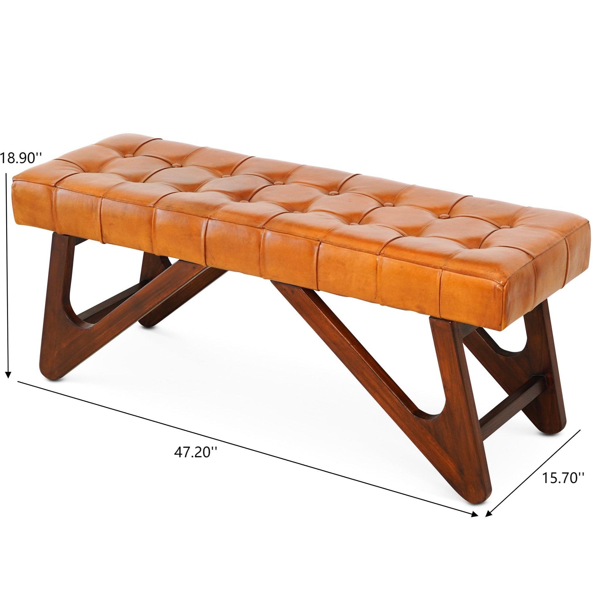 Mia Mid-Century Modern Tan Leather Bench with Buttons and Solid Wood Frame 18.9'H x 47.2'W x 15.7'D FredCo