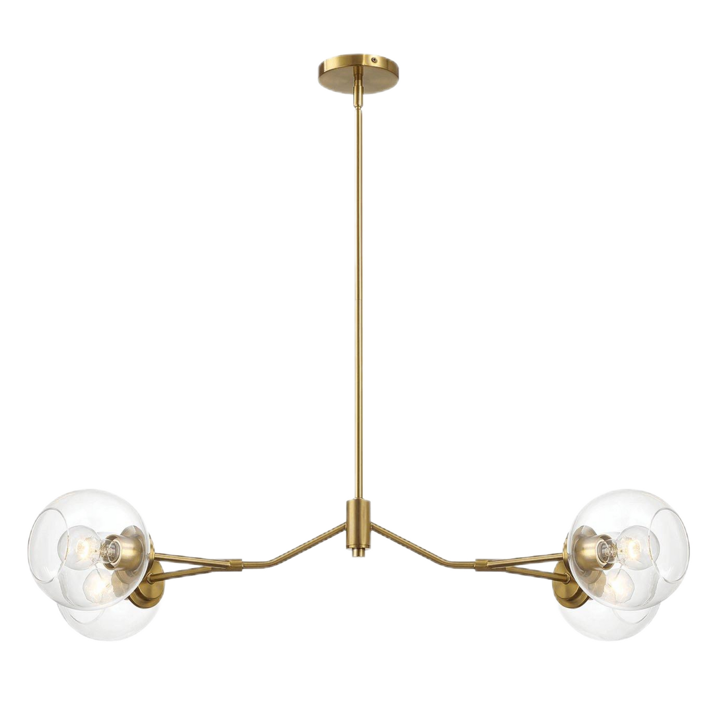 Modern gold chandelier with two glass globe shades, stylish home lighting from FredCo International