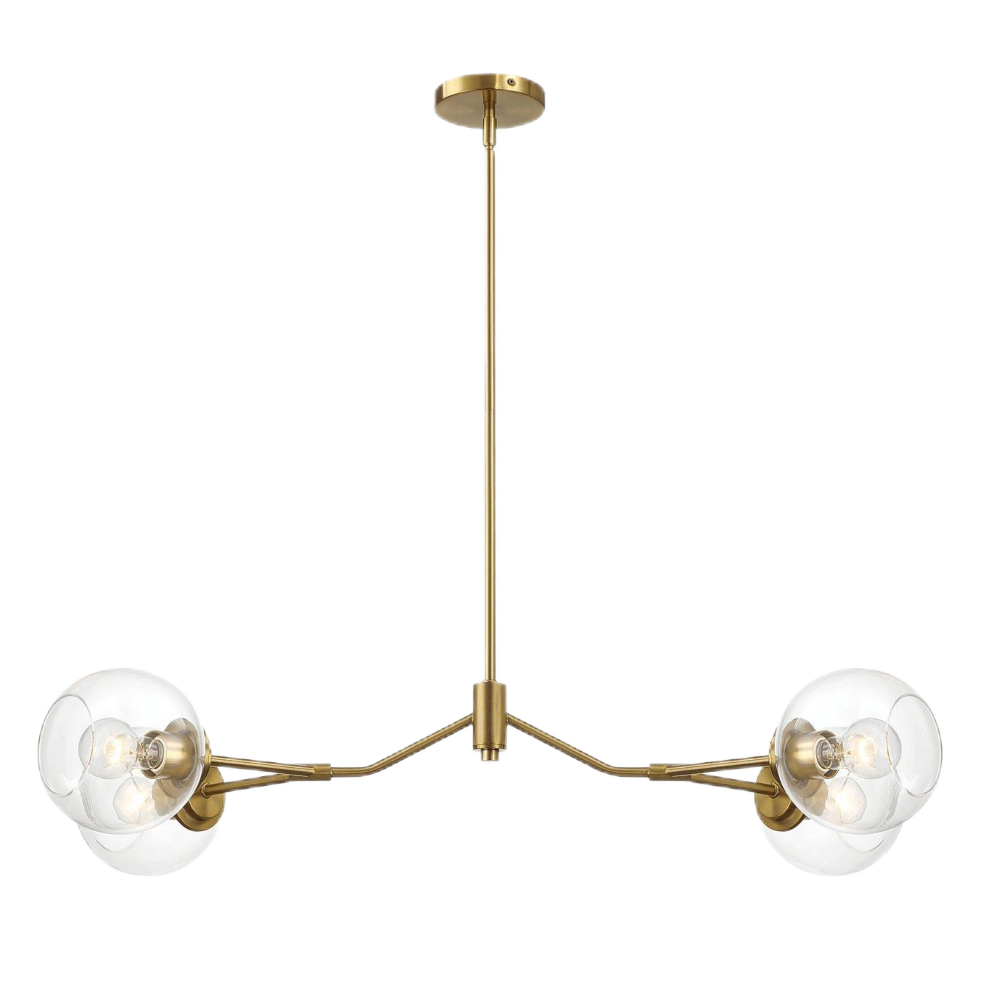 Modern gold chandelier with two glass globe shades, stylish home lighting from FredCo International