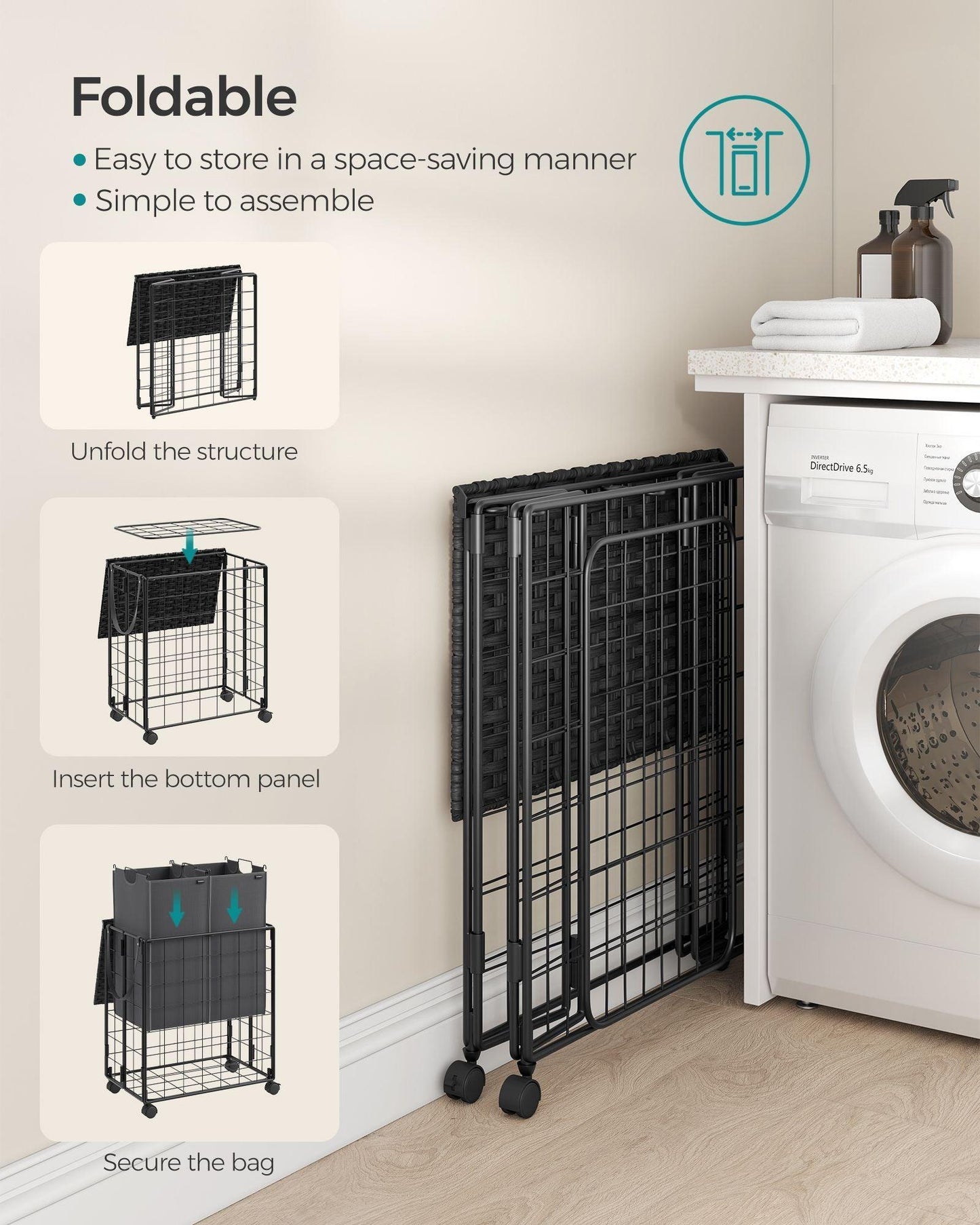 29.1-Gallon Laundry Hamper with Wheels Ink Black and Slate Gray FredCo