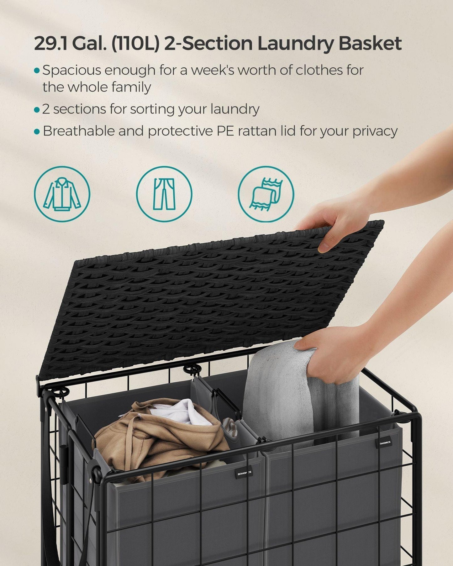 29.1-Gallon Laundry Hamper with Wheels Ink Black and Slate Gray FredCo