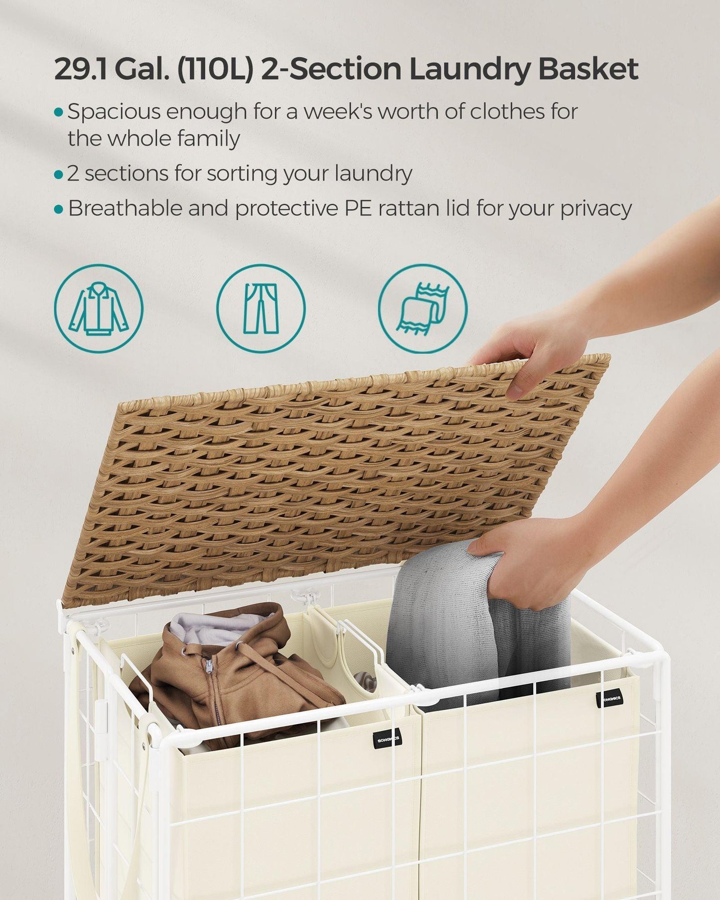 29.1-Gallon Laundry Hamper with Wheels Natural Beige and Cream White FredCo