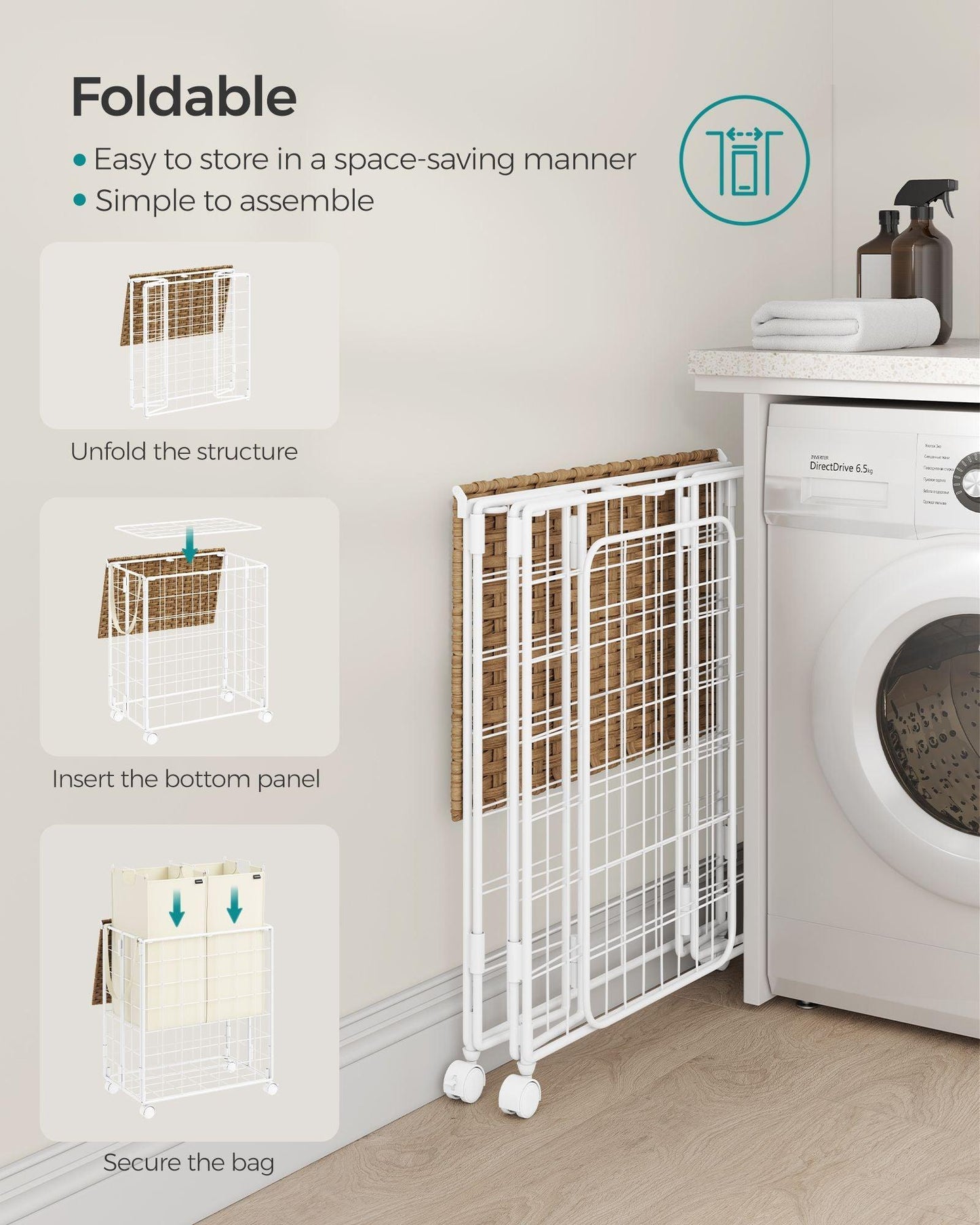 29.1-Gallon Laundry Hamper with Wheels Natural Beige and Cream White FredCo