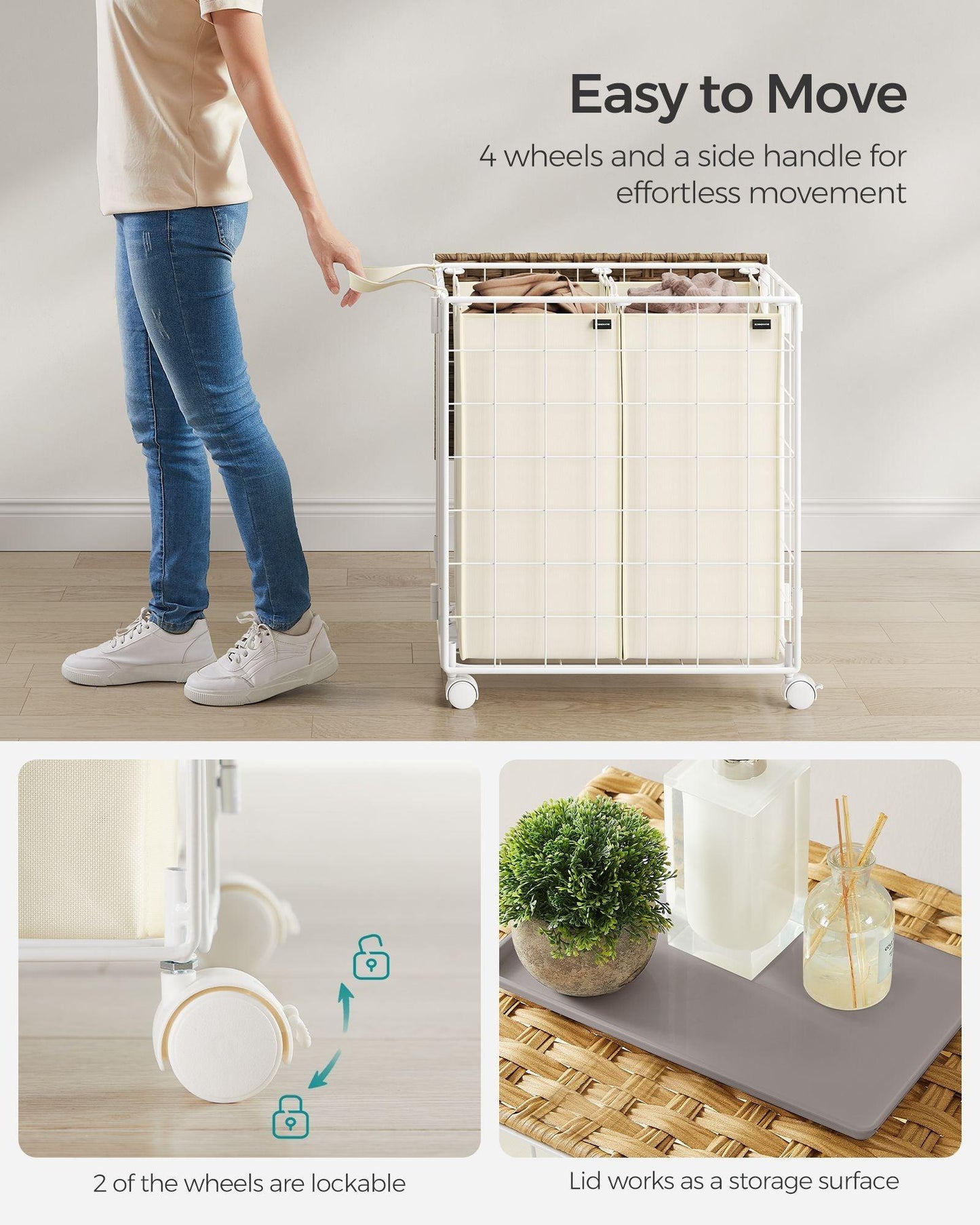 29.1-Gallon Laundry Hamper with Wheels Natural Beige and Cream White FredCo
