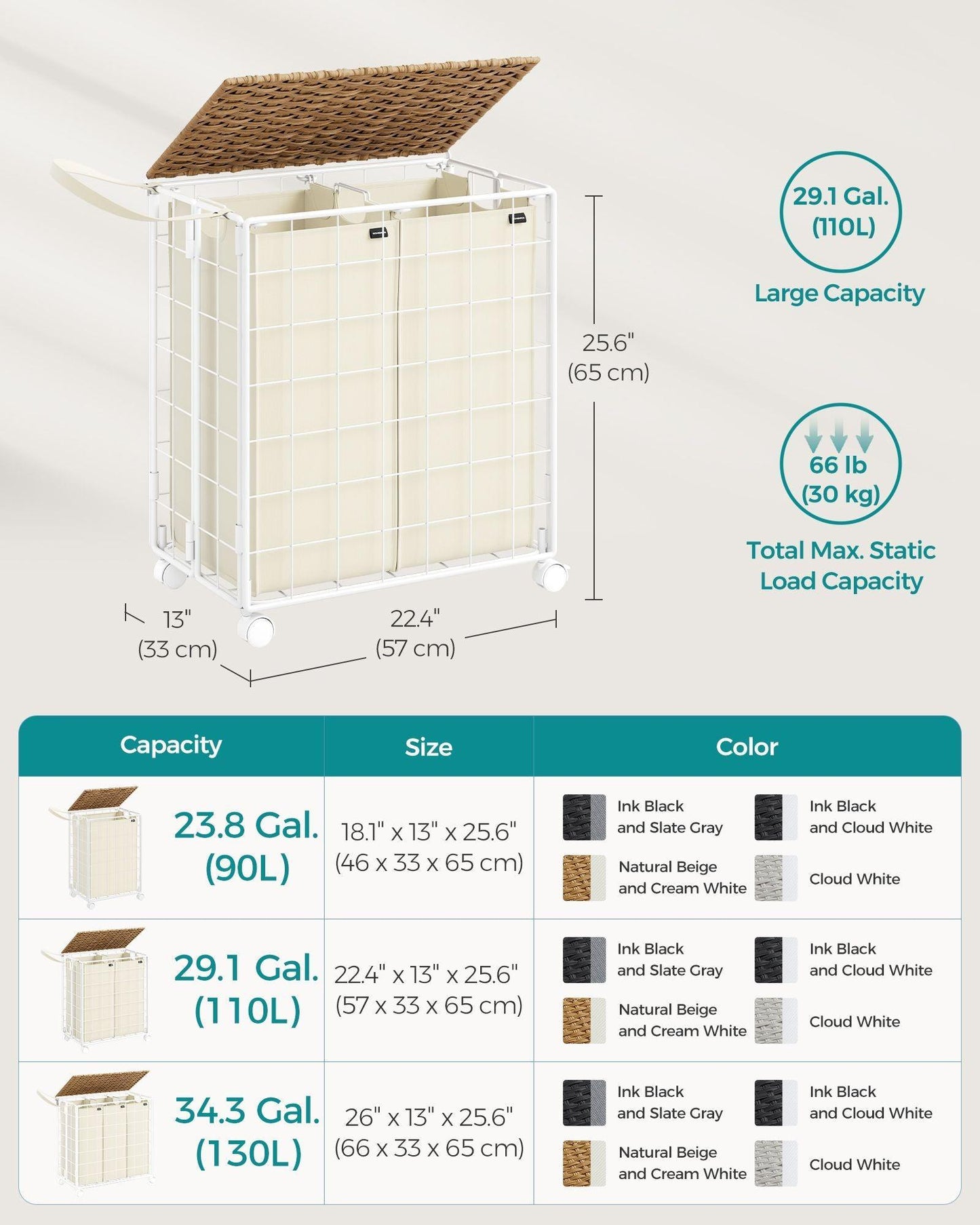 29.1-Gallon Laundry Hamper with Wheels Natural Beige and Cream White FredCo