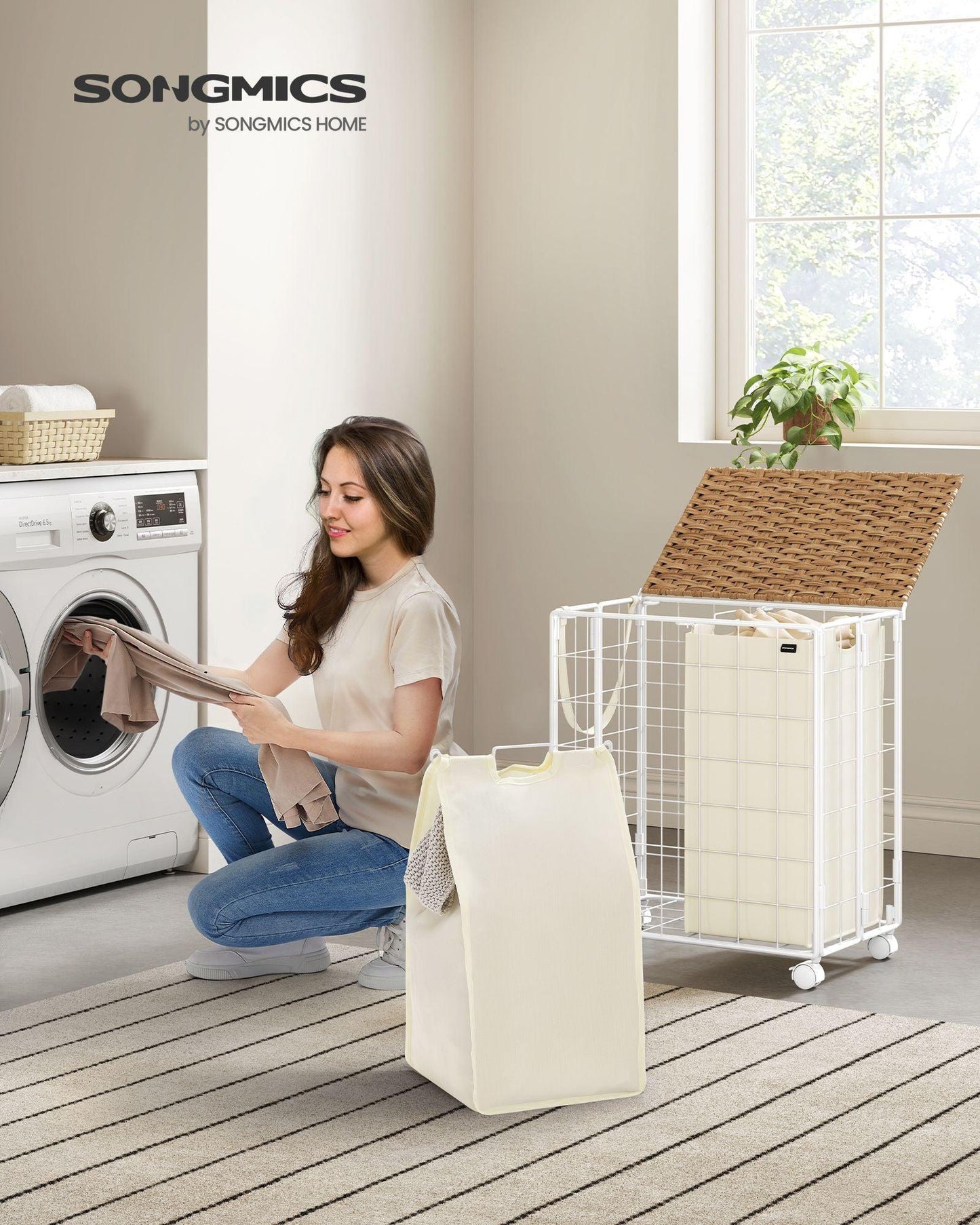 29.1-Gallon Laundry Hamper with Wheels Natural Beige and Cream White FredCo
