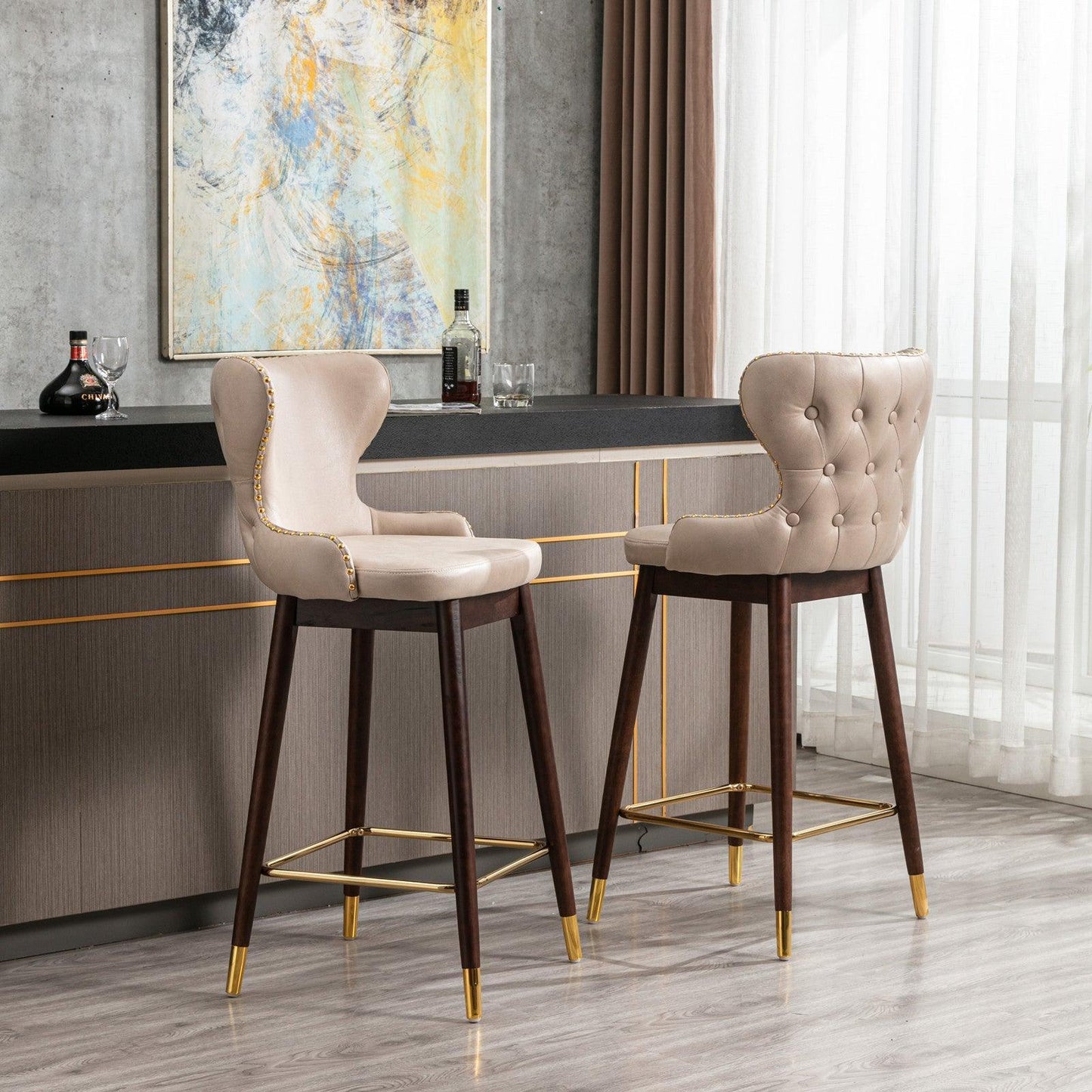 29.9" Modern Leathaire Fabric bar chairs, Tufted Gold Nailhead,Set of 2 FredCo