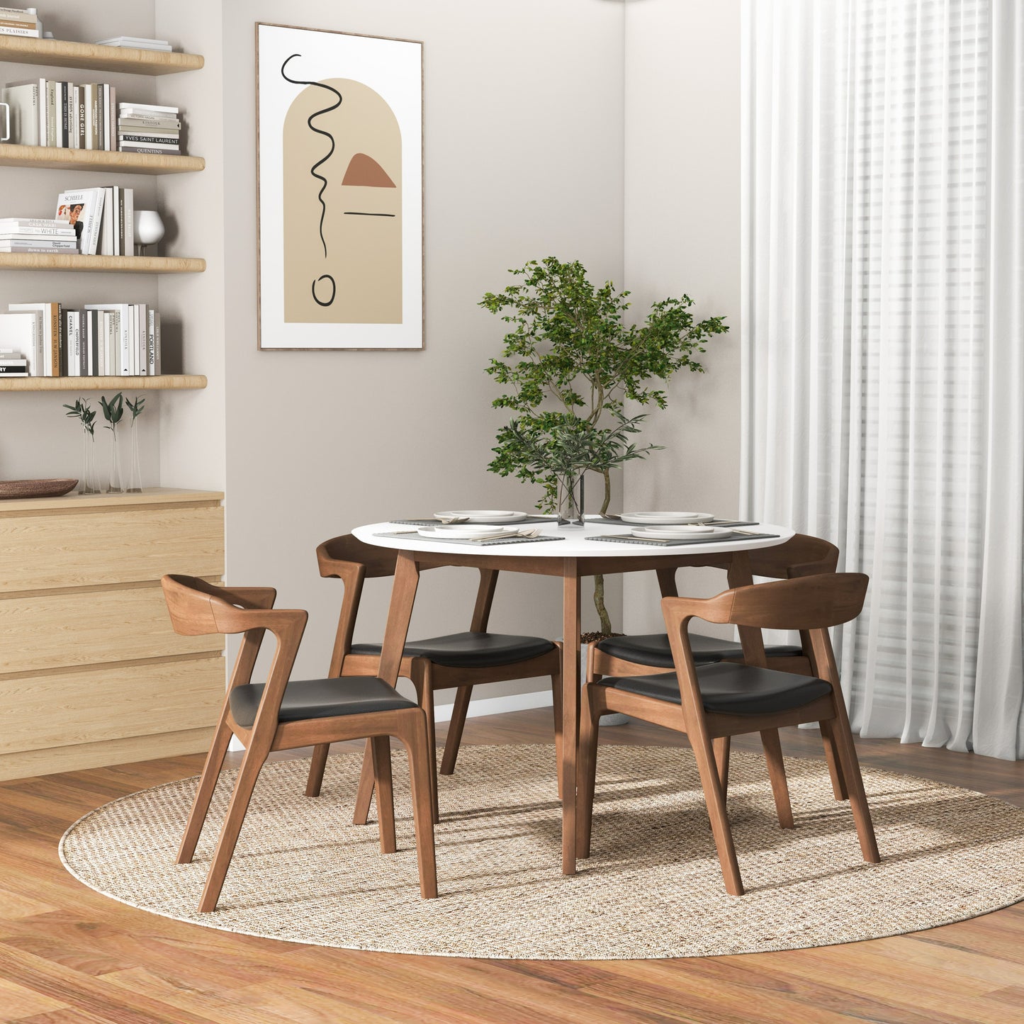 Dakota Mid-Century Solid Wood Dining Chair Set with Black Leather Upholstery Set Of 2 FredCo