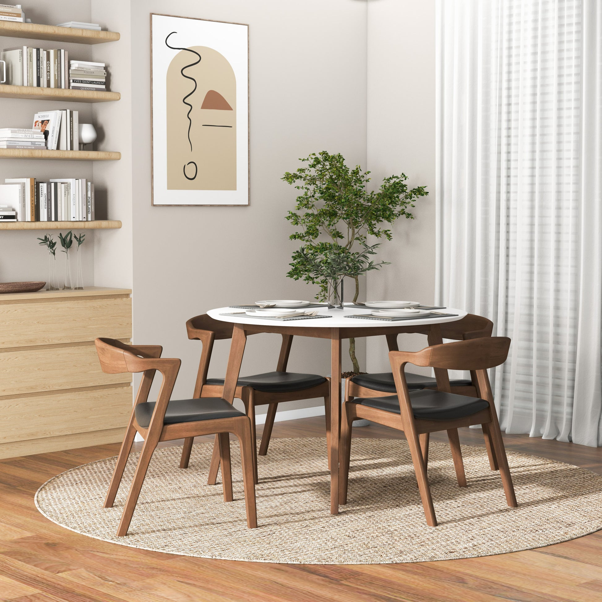 Dakota Mid-Century Solid Wood Dining Chair Set with Black Leather Upholstery Set Of 2 FredCo