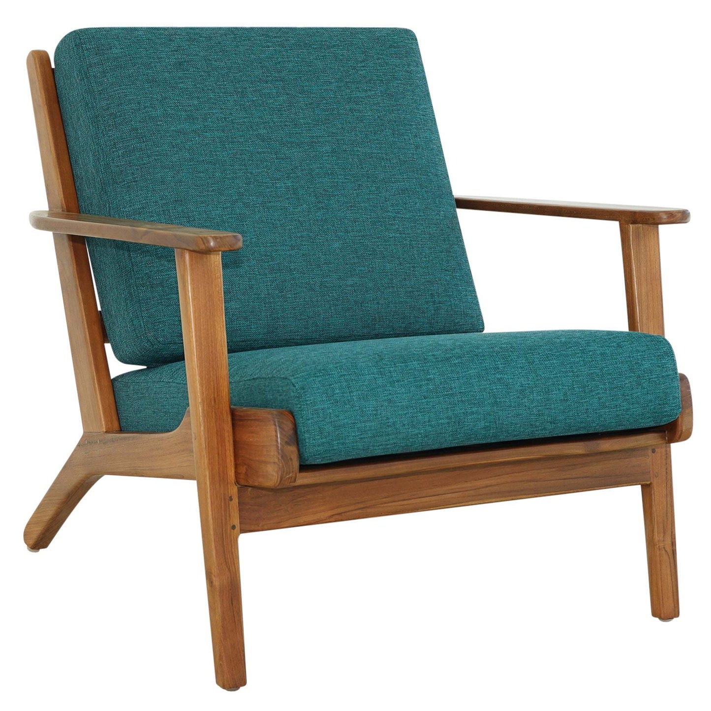 Mid-century modern wooden armchair with teal fabric cushions, FredCo International furniture