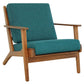 Mid-century modern wooden armchair with teal fabric cushions, FredCo International furniture