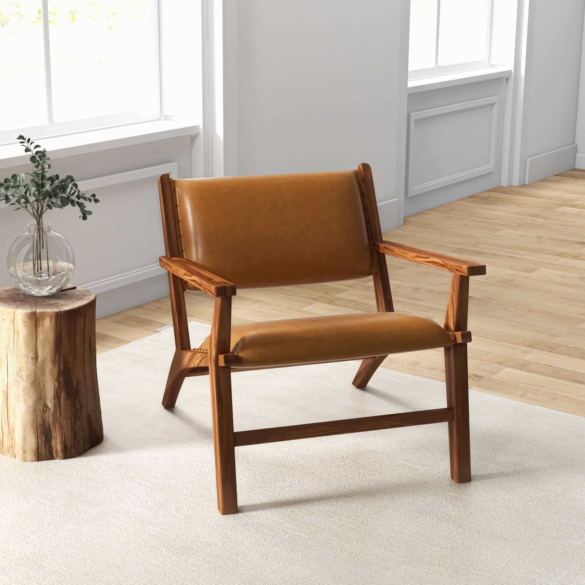 Hendrix Antique Tan Leather Arm Chair Mid-Century Modern Style with Solid Wood Frame 32' L x 26' W x 28' H for Bedroom, Living Room, Hallway FredCo