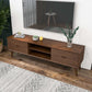 Mid-century modern wooden TV stand with drawers and plants in a stylish living room