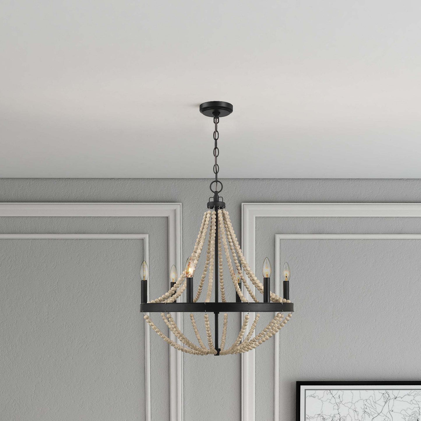 Starry Wood Chandelier Farmhouse Six Candle Light Wood Beaded Black Pendant Light for Dining Room FredCo