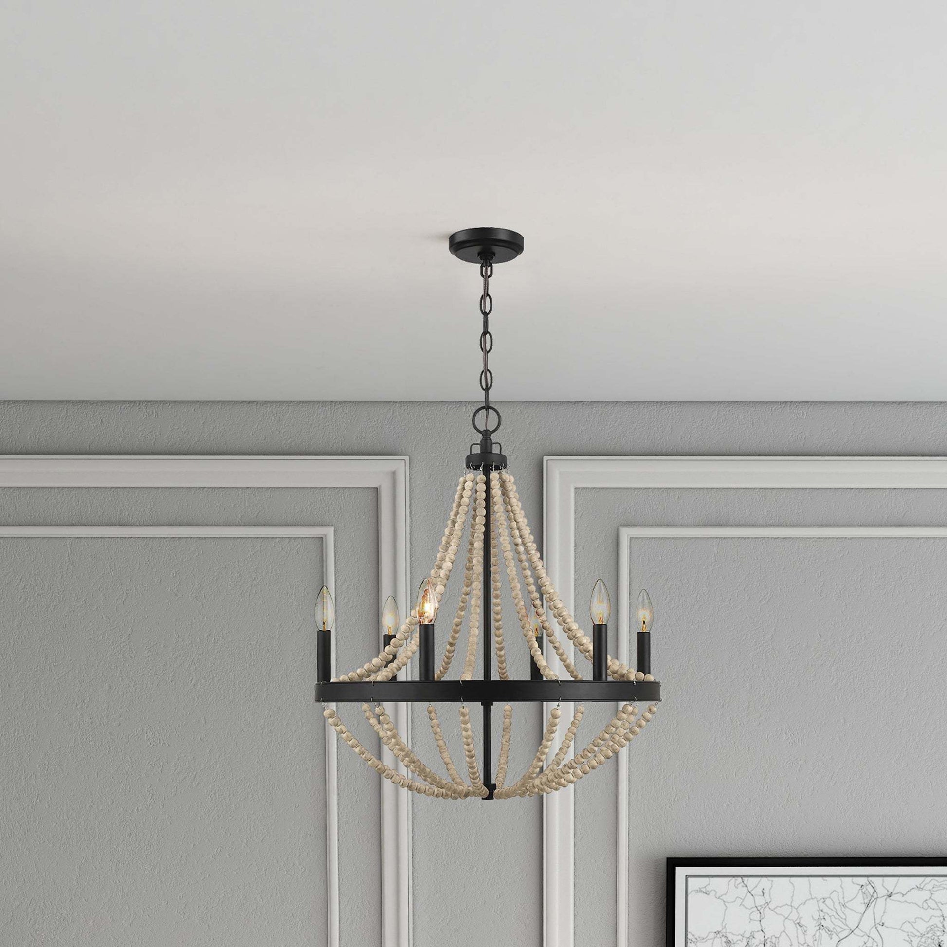 Starry Wood Chandelier Farmhouse Six Candle Light Wood Beaded Black Pendant Light for Dining Room FredCo