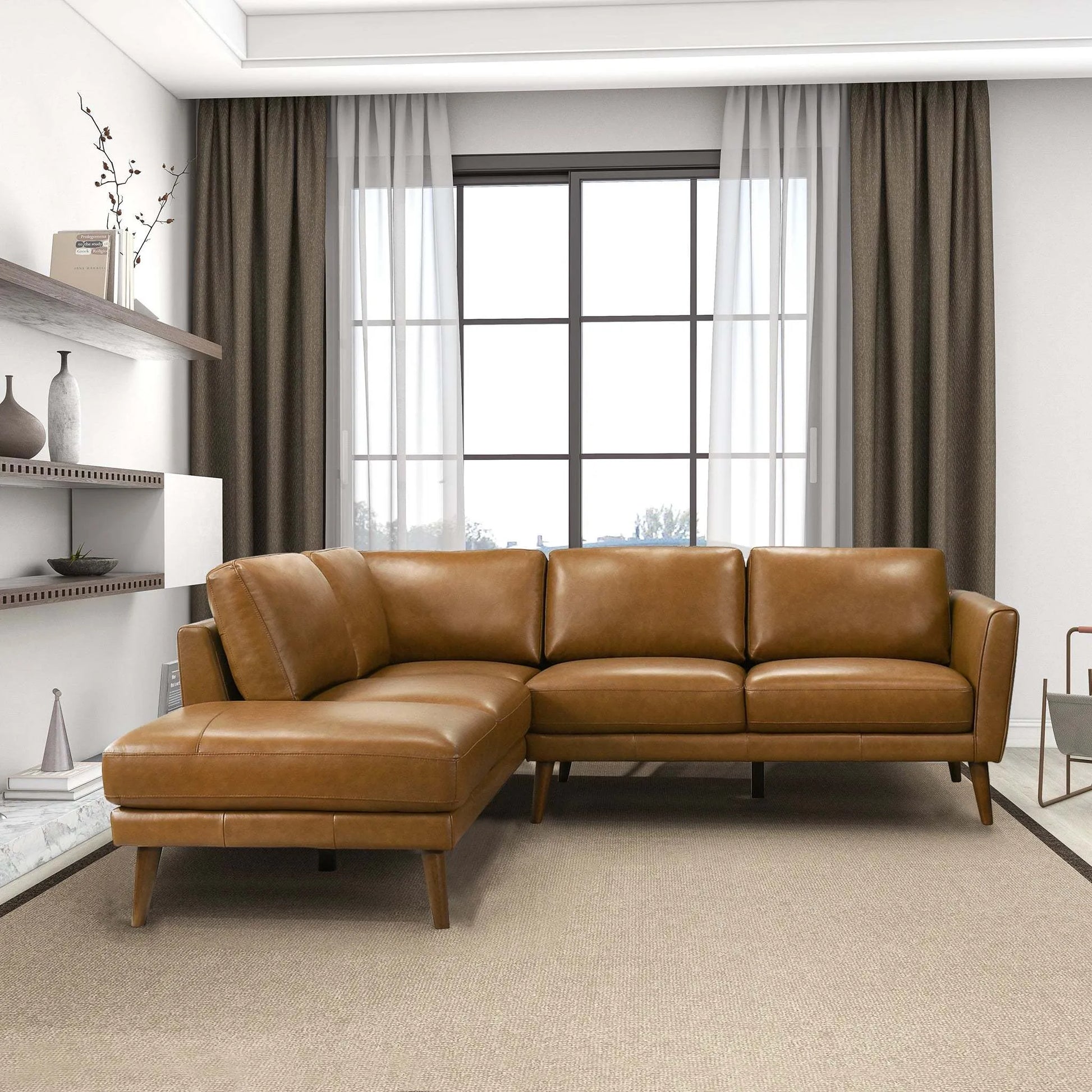 Modern living room with brown leather sectional sofa and large window, FredCo International furniture
