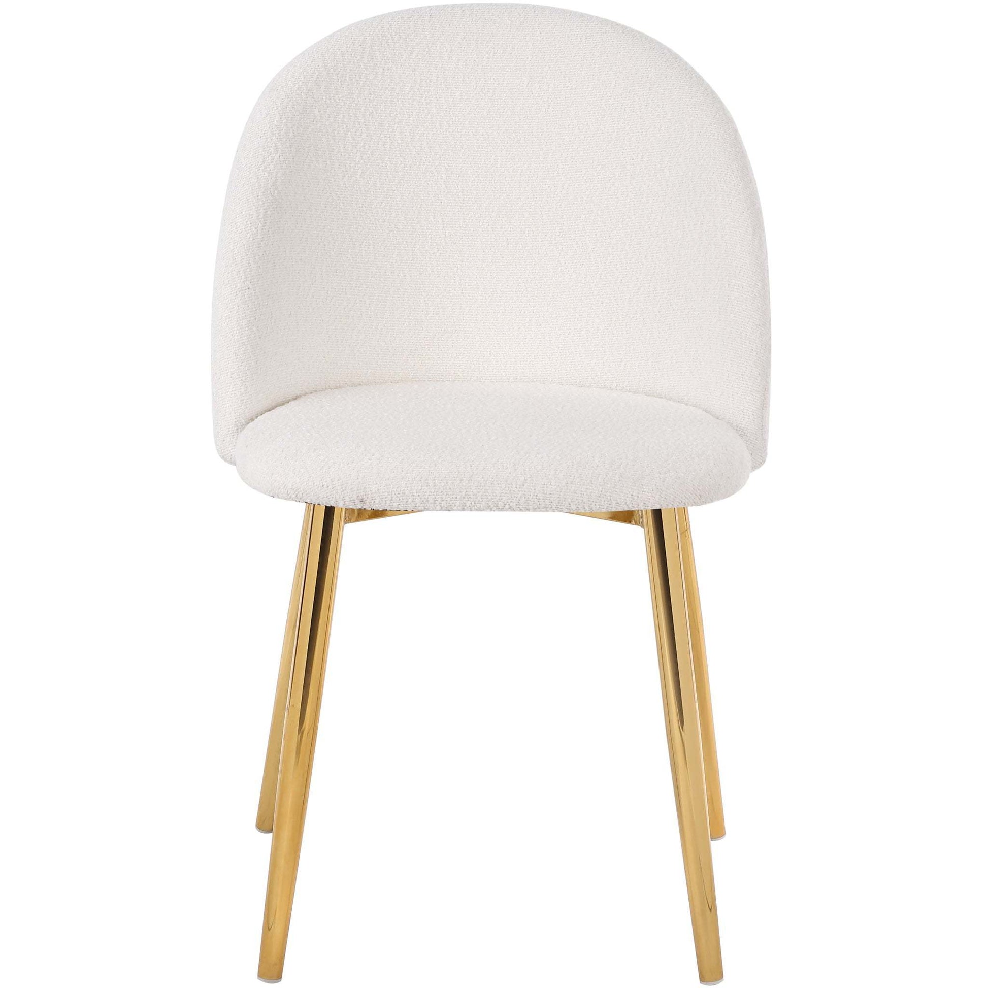 Modern white upholstered chair with gold metal legs, ideal for living or dining rooms