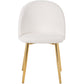 Modern white upholstered chair with gold metal legs, ideal for living or dining rooms