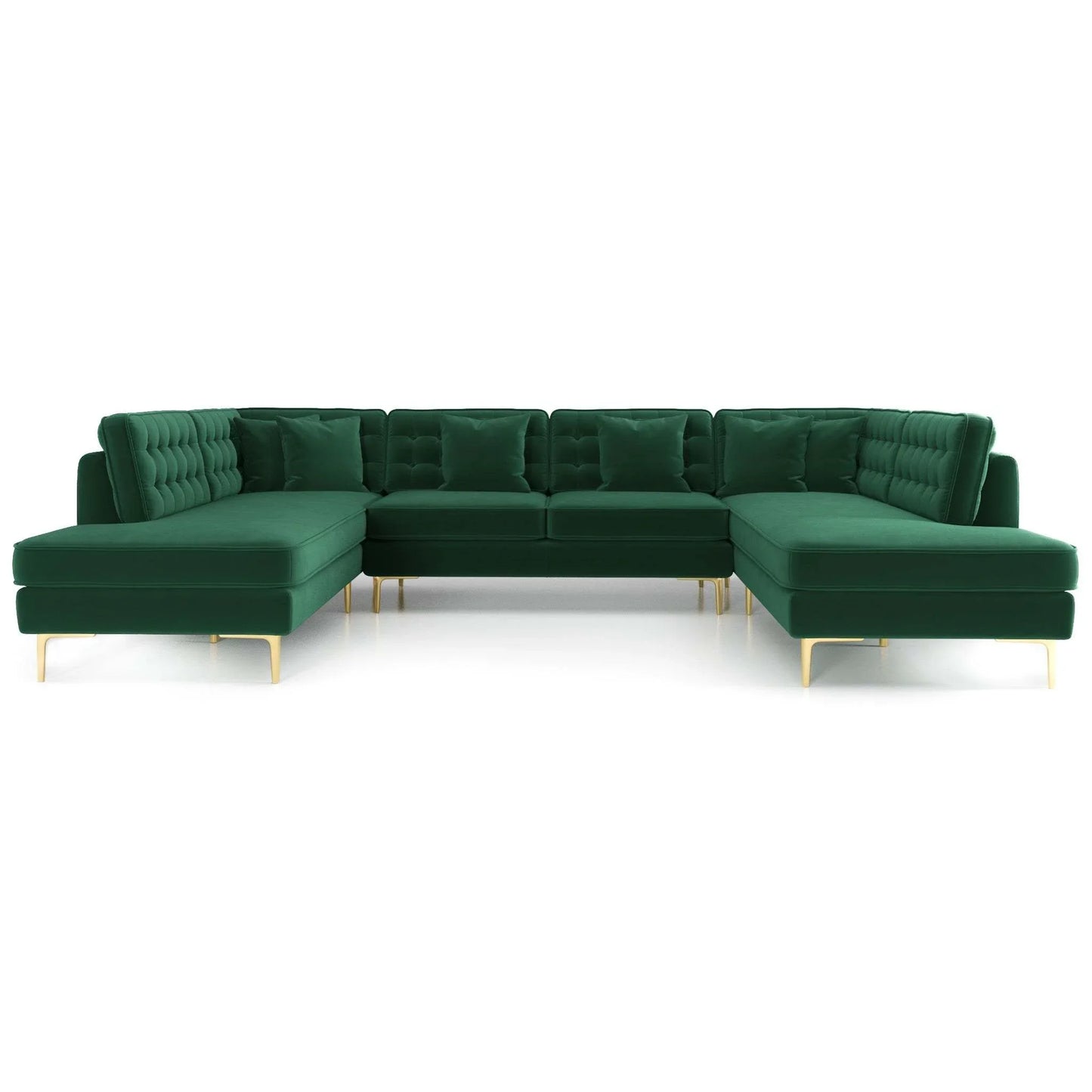 Green velvet sectional sofa with tufted back and gold legs, modern furniture by FredCo International
