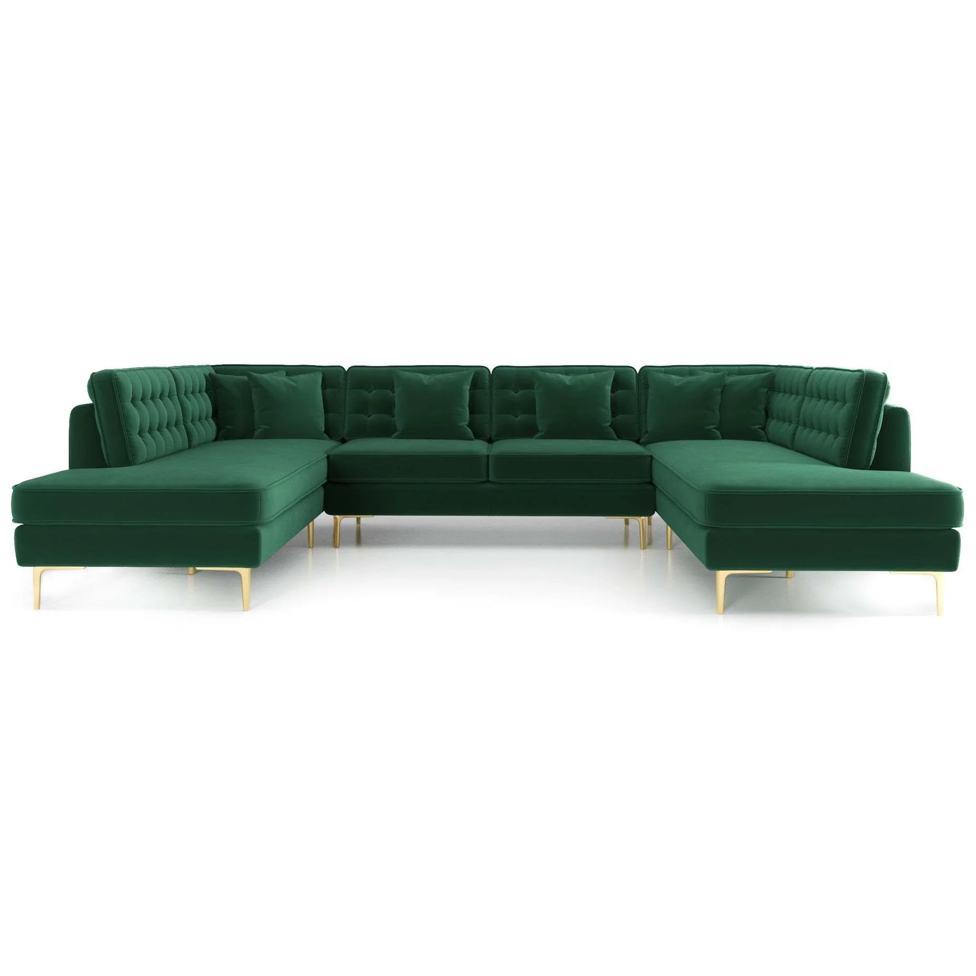 Green velvet sectional sofa with tufted back and gold legs, modern furniture by FredCo International