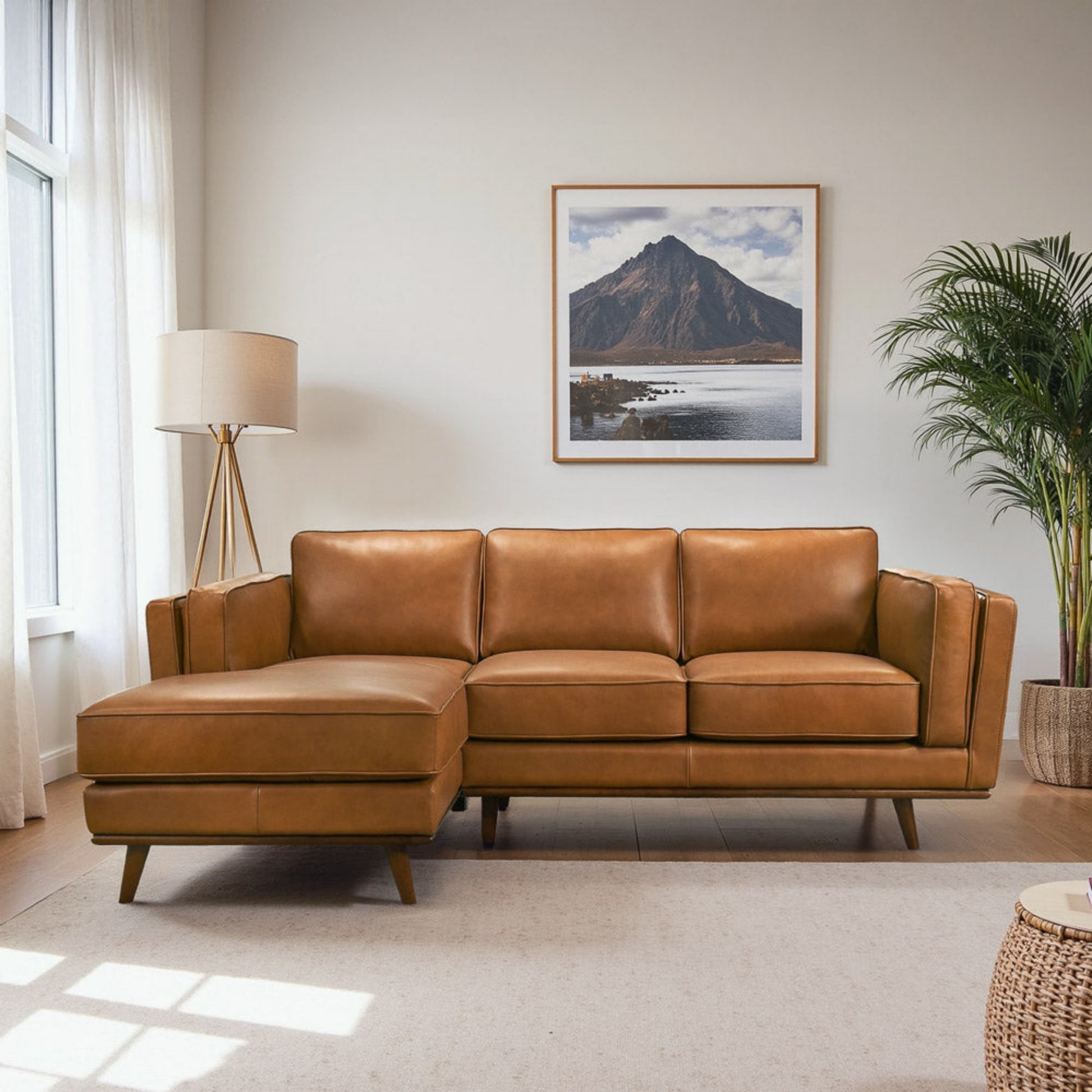 Chase Genuine Leather Sectional Left Facing Sofa Tan Leather 90.90 inches FredCo