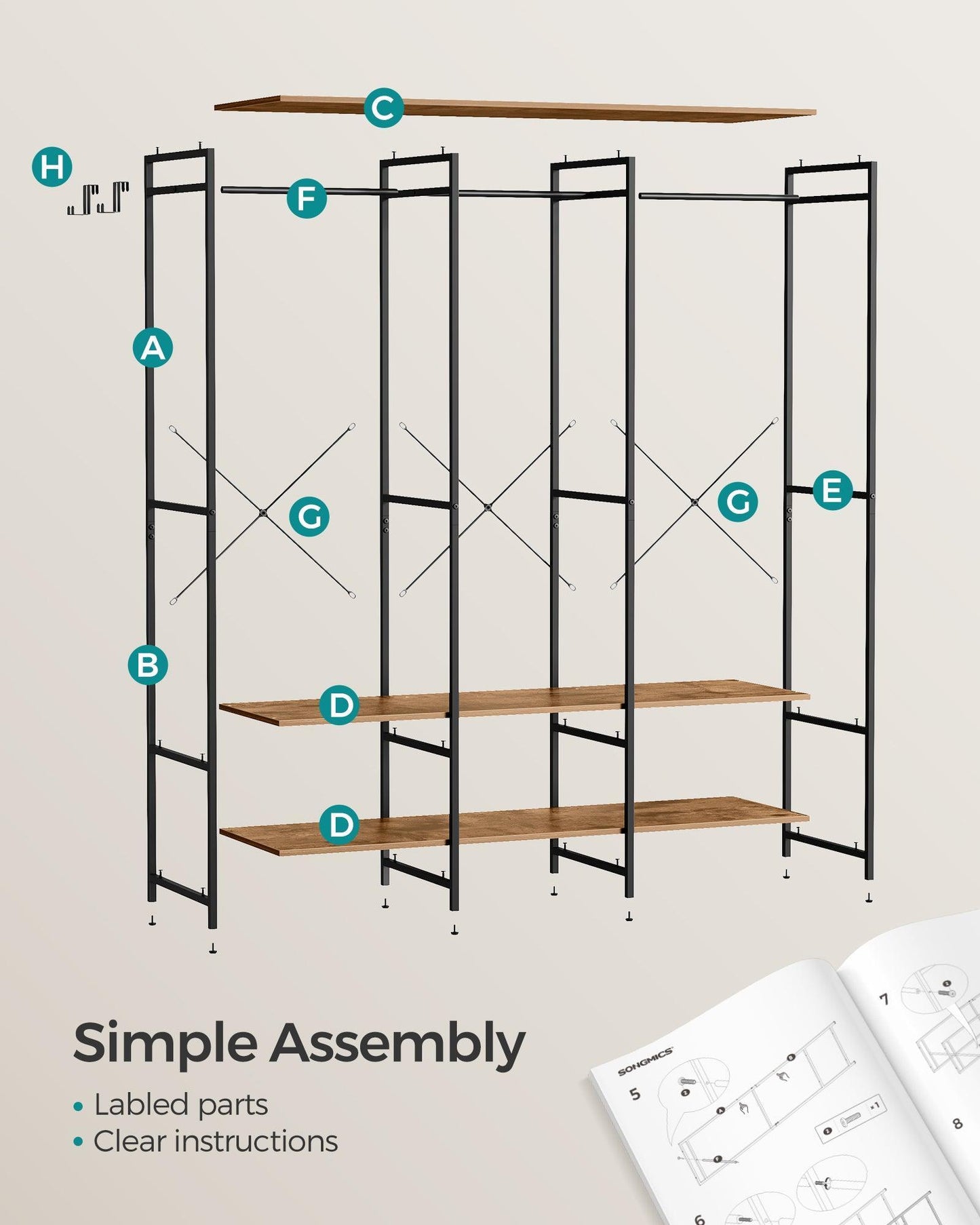 3-Column Clothes Rack with Hanging Rods Rustic Brown FredCo