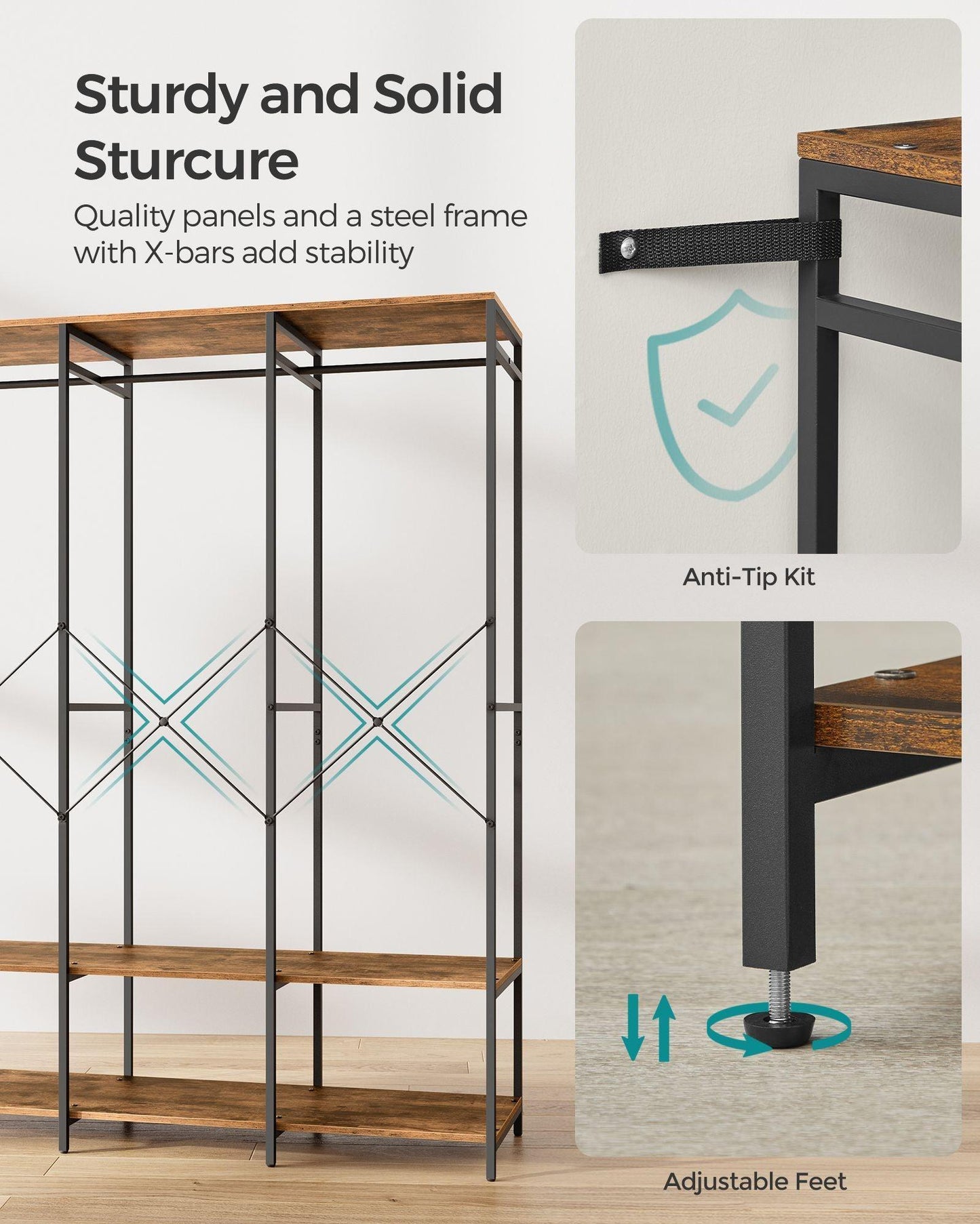 3-Column Clothes Rack with Hanging Rods Rustic Brown FredCo