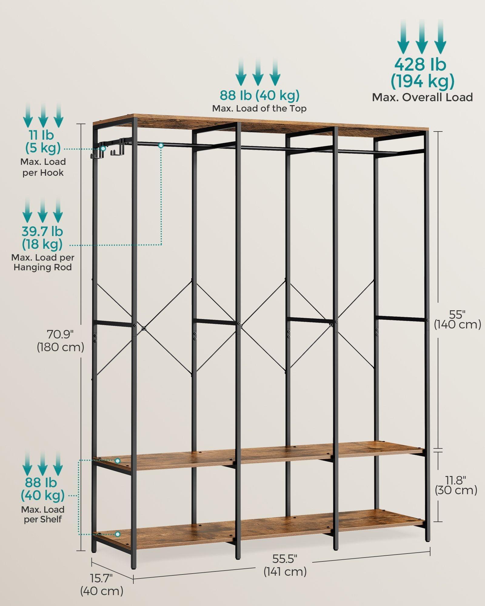 3-Column Clothes Rack with Hanging Rods Rustic Brown FredCo