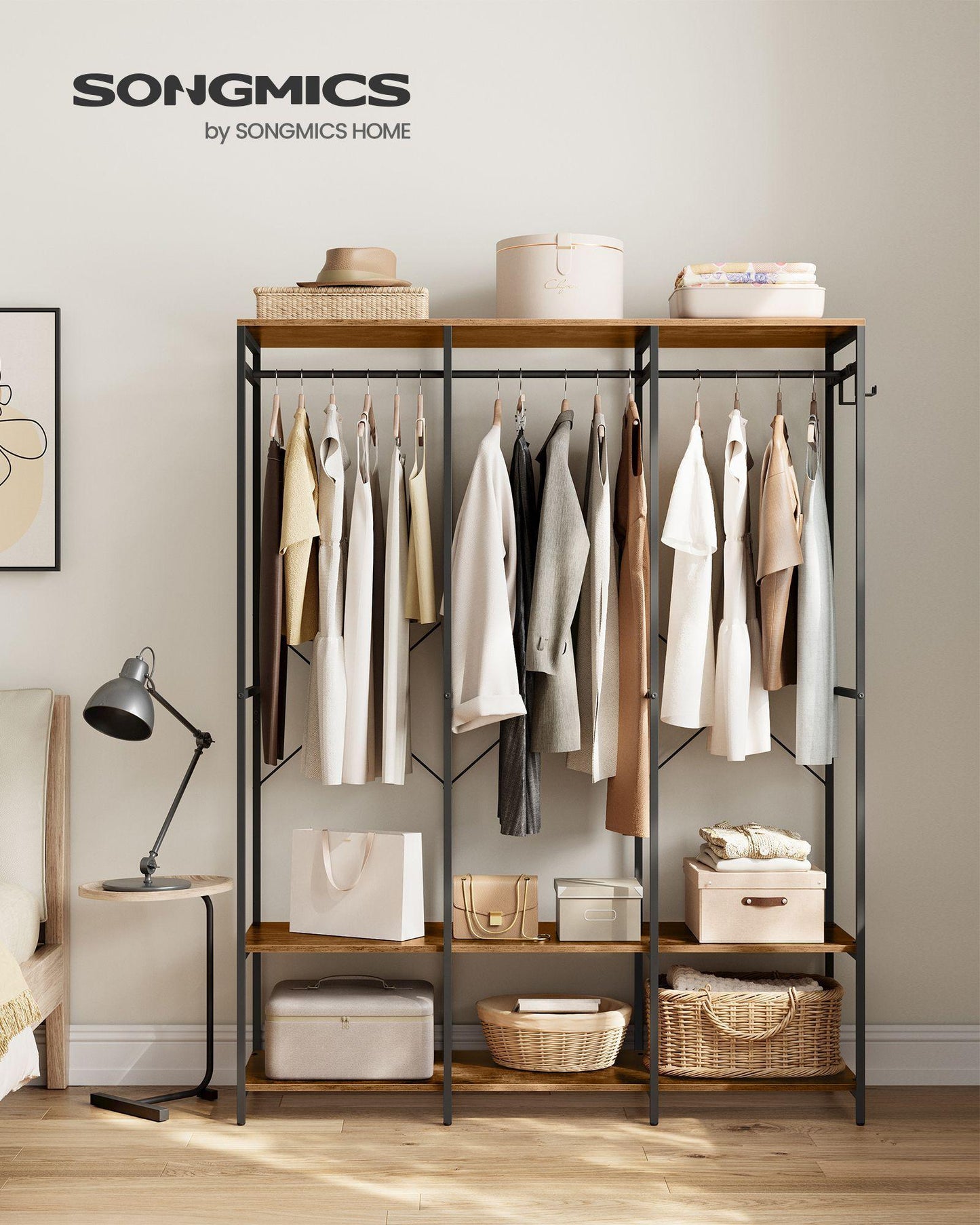 3-Column Clothes Rack with Hanging Rods Rustic Brown FredCo
