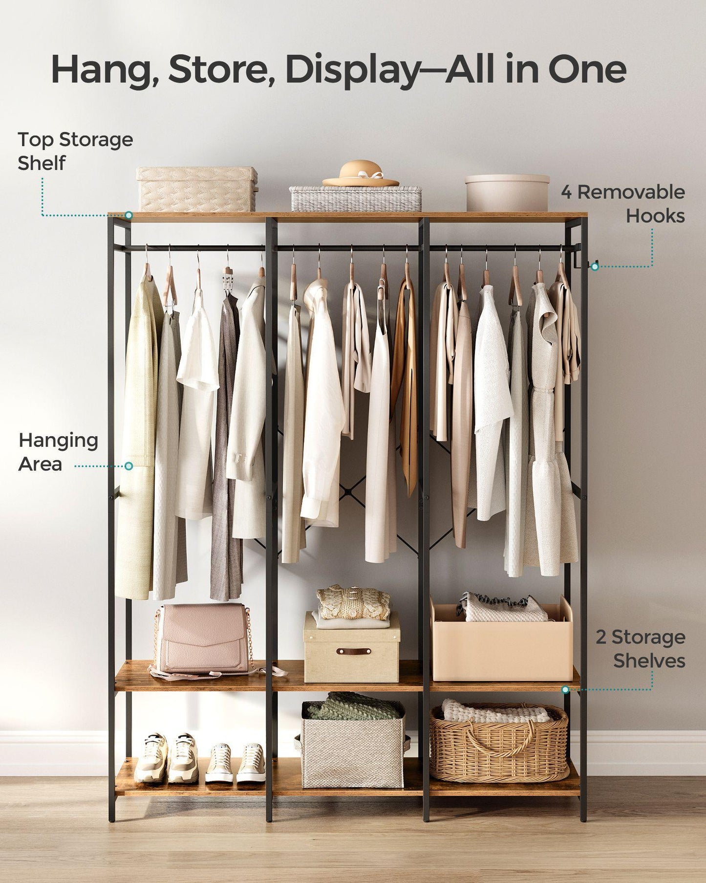 3-Column Clothes Rack with Hanging Rods Rustic Brown FredCo