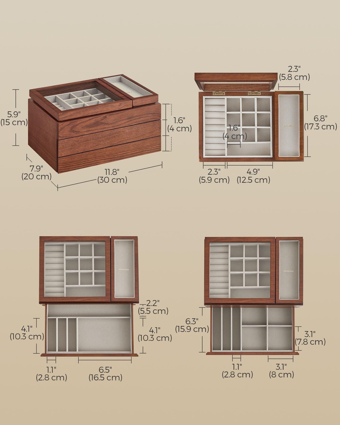 3-Layer Wooden Jewelry Storage Coffee Brown FredCo