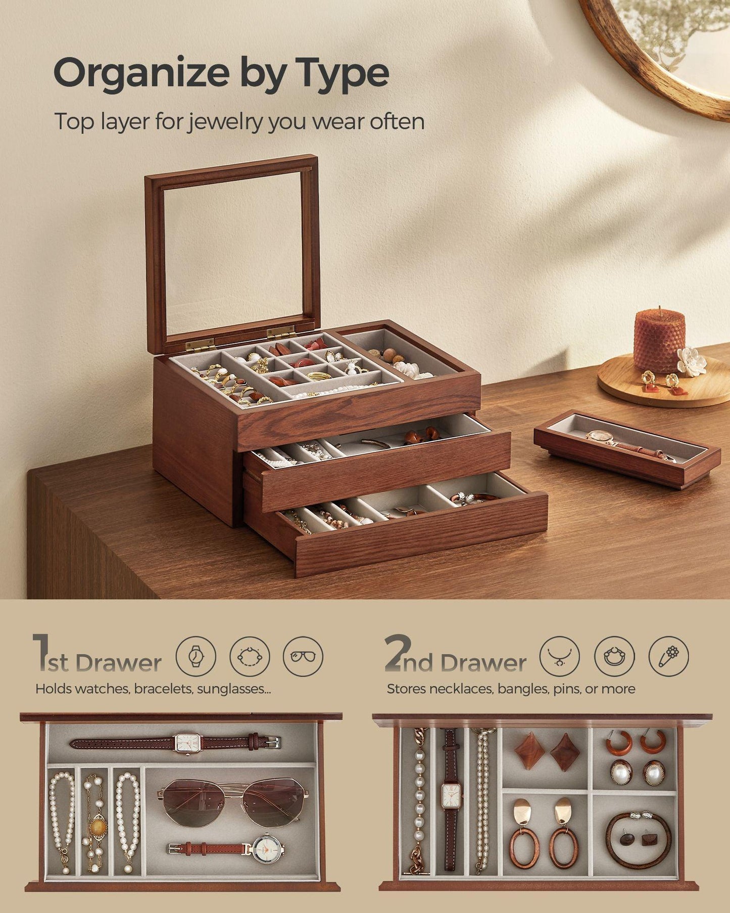 3-Layer Wooden Jewelry Storage Coffee Brown FredCo