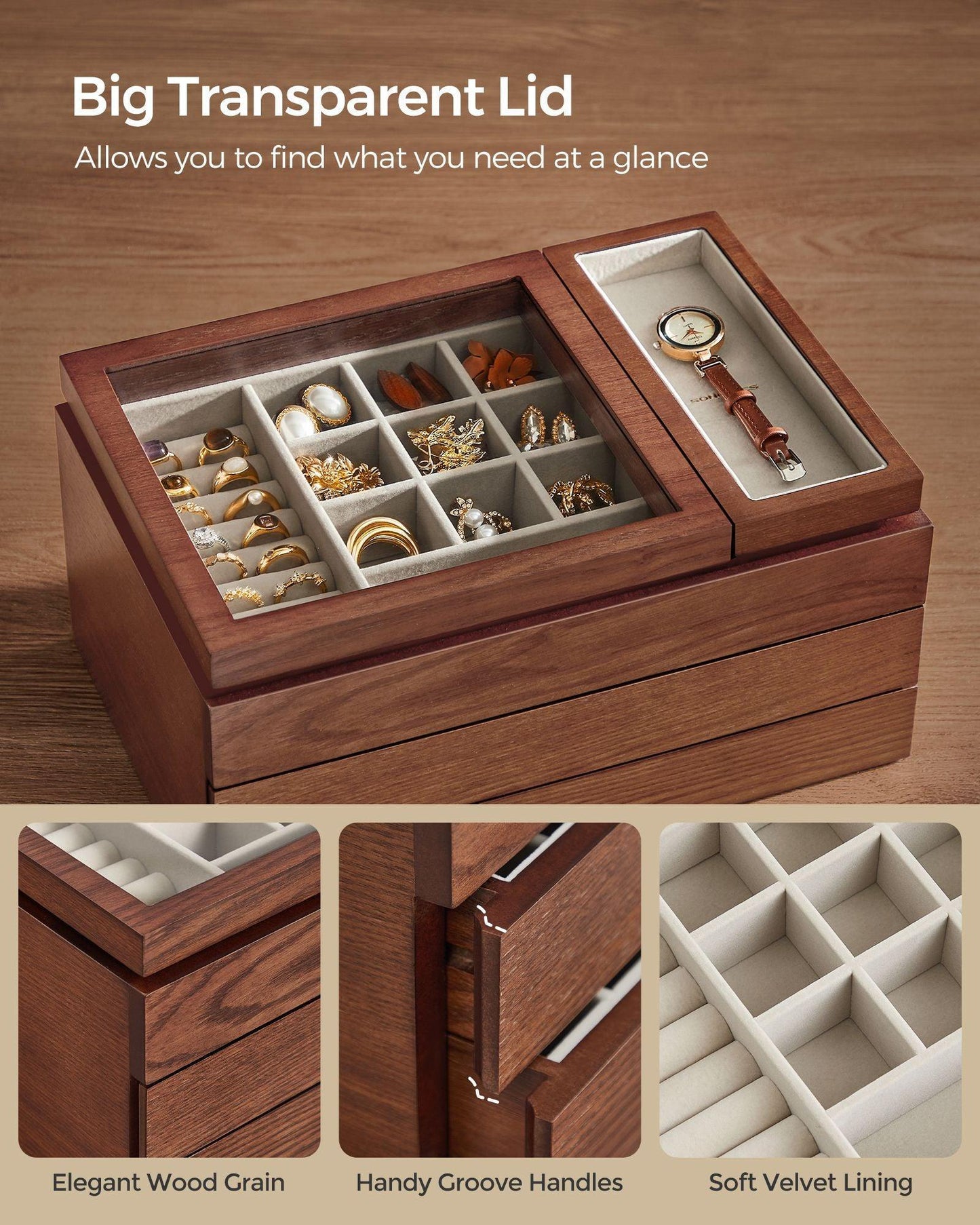 3-Layer Wooden Jewelry Storage Coffee Brown FredCo