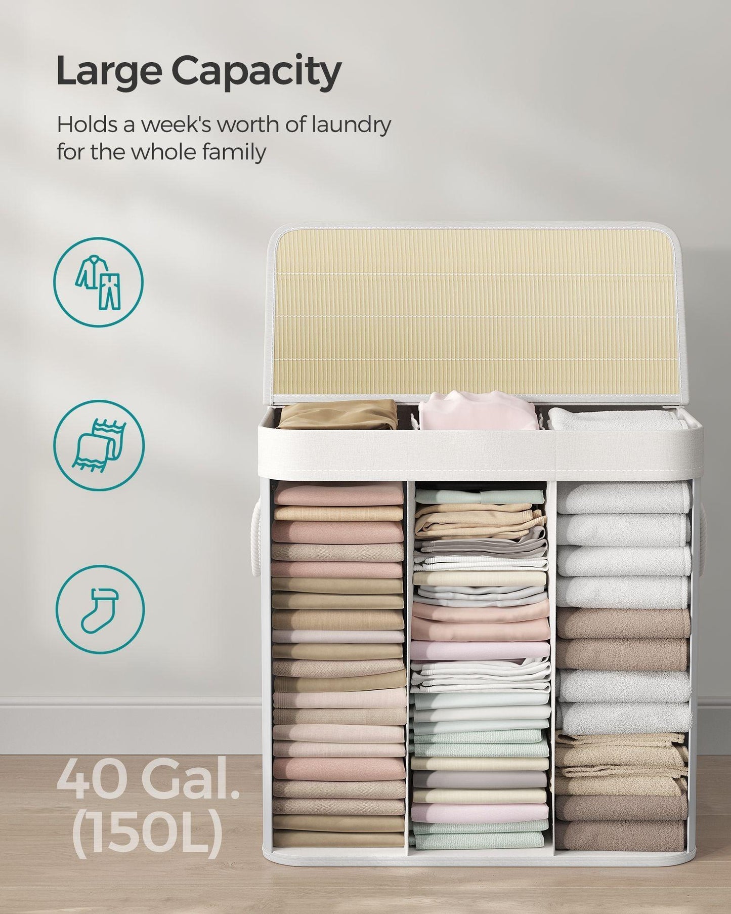 3-Section Laundry Hamper with Lid and Handles 150L FredCo