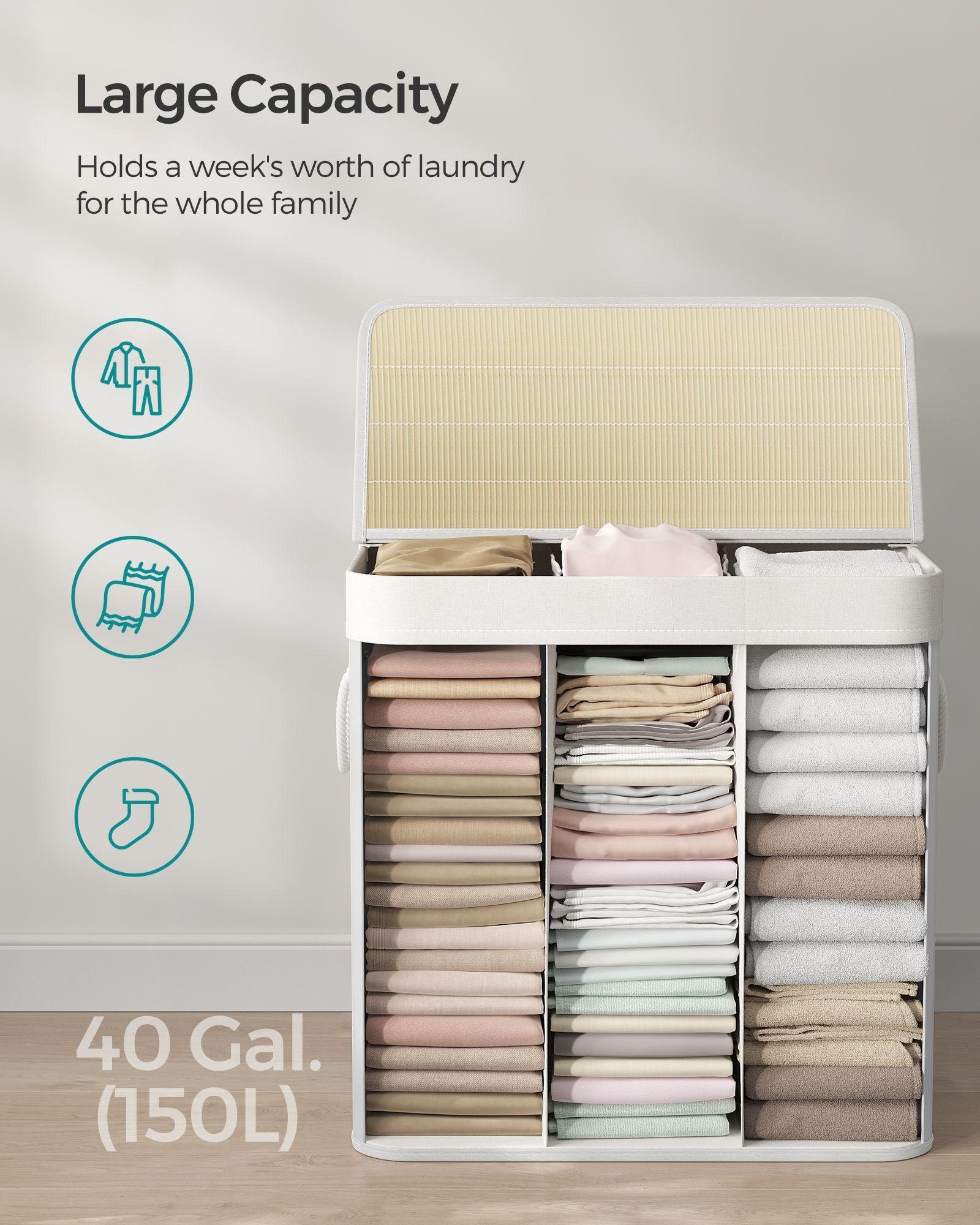 3-Section Laundry Hamper with Lid and Handles 150L FredCo