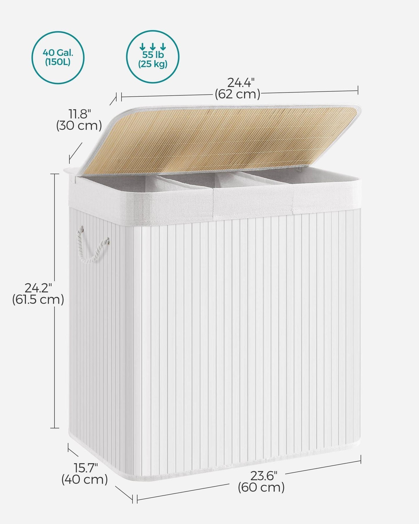 3-Section Laundry Hamper with Lid and Handles 150L FredCo