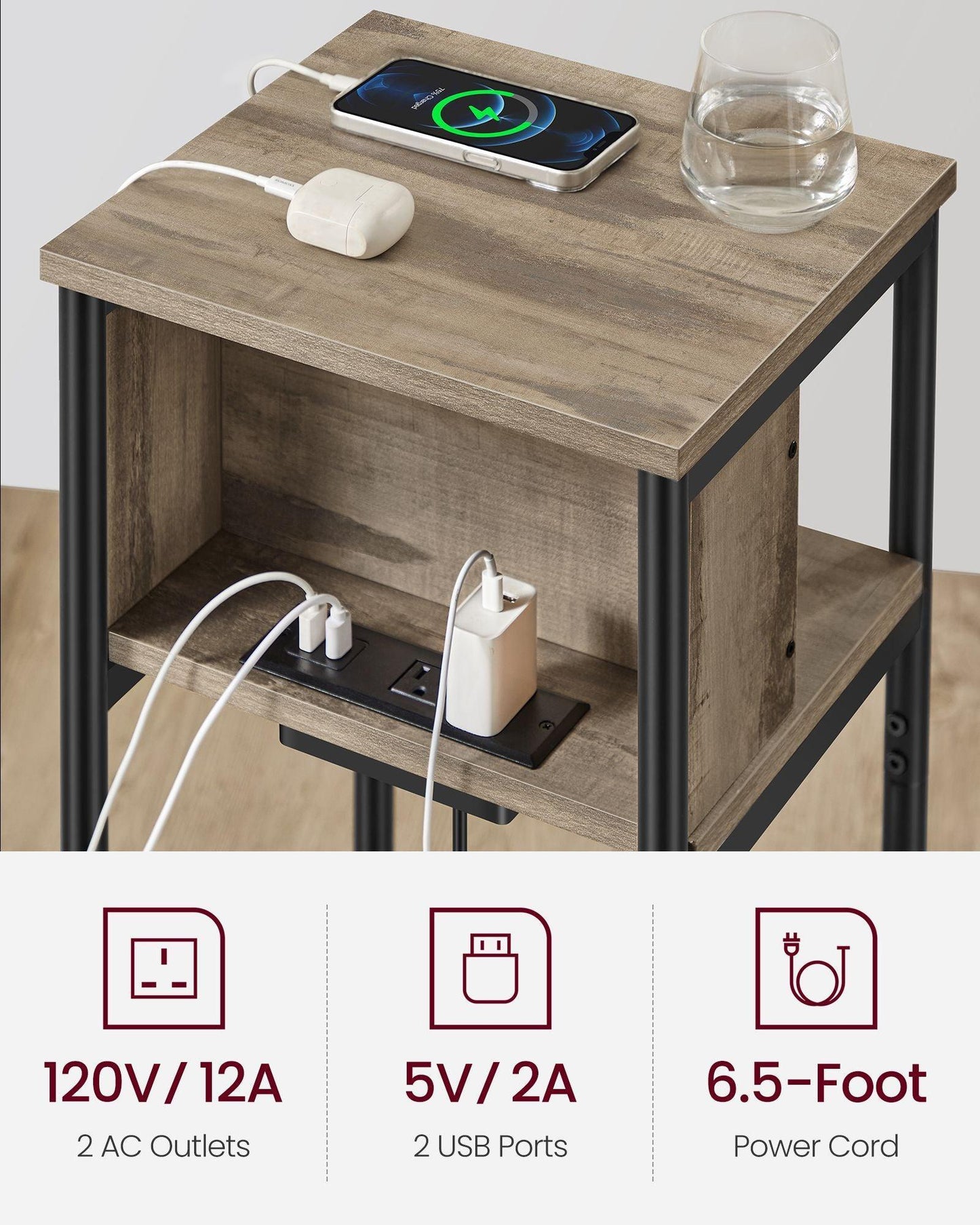 3-Tier End Table with Charging Station Camel Brown and Black FredCo