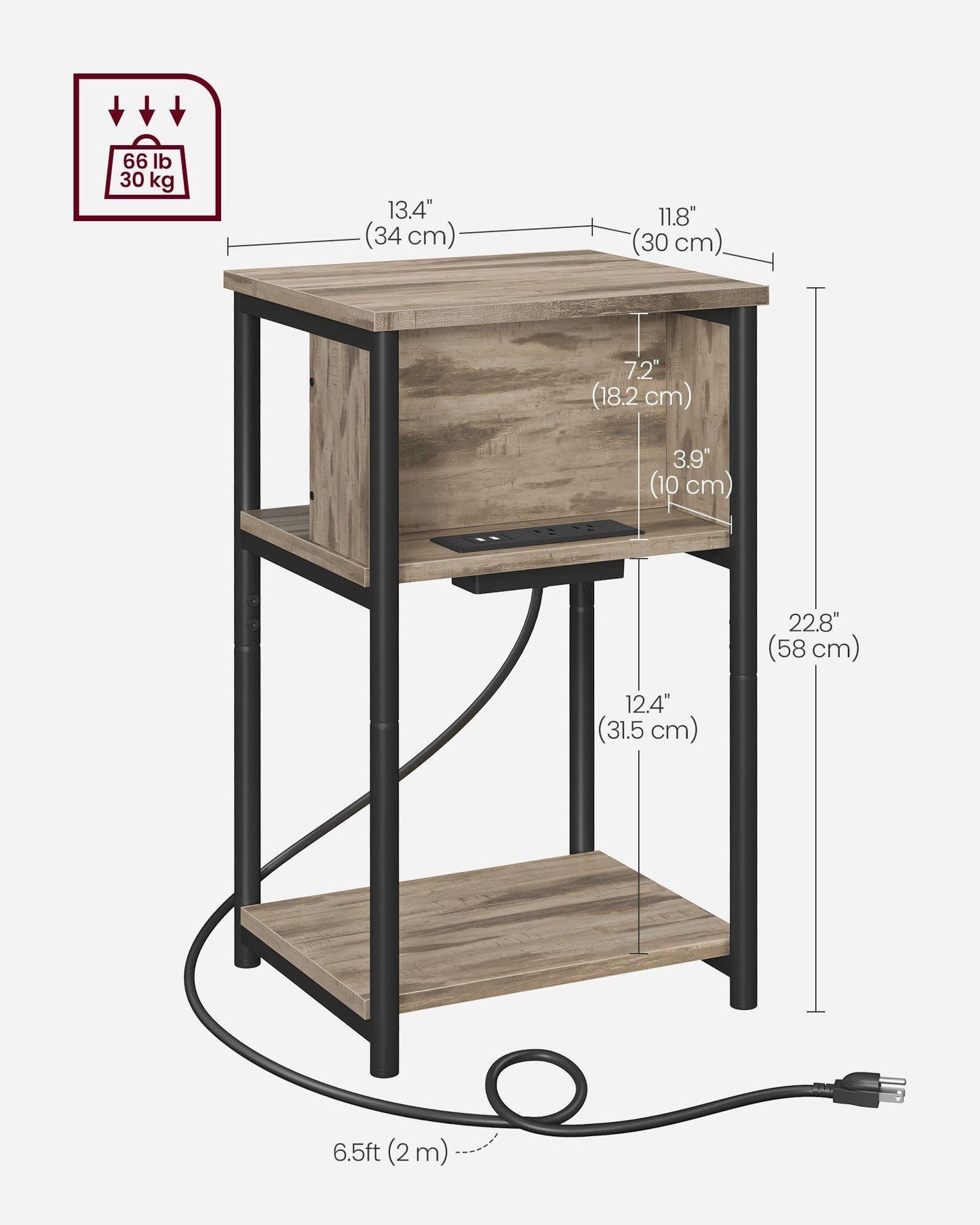 3-Tier End Table with Charging Station Camel Brown and Black FredCo