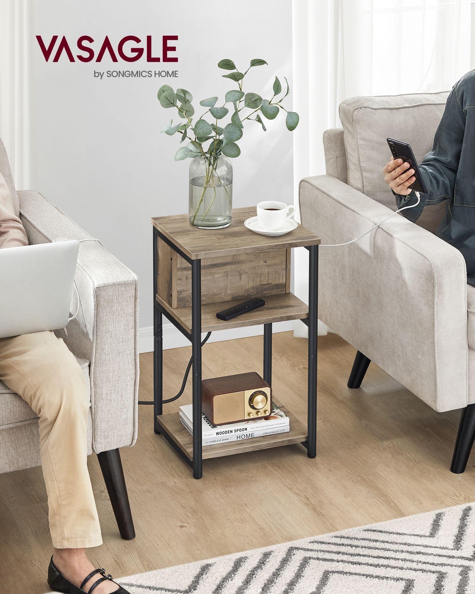 3-Tier End Table with Charging Station Camel Brown and Black FredCo
