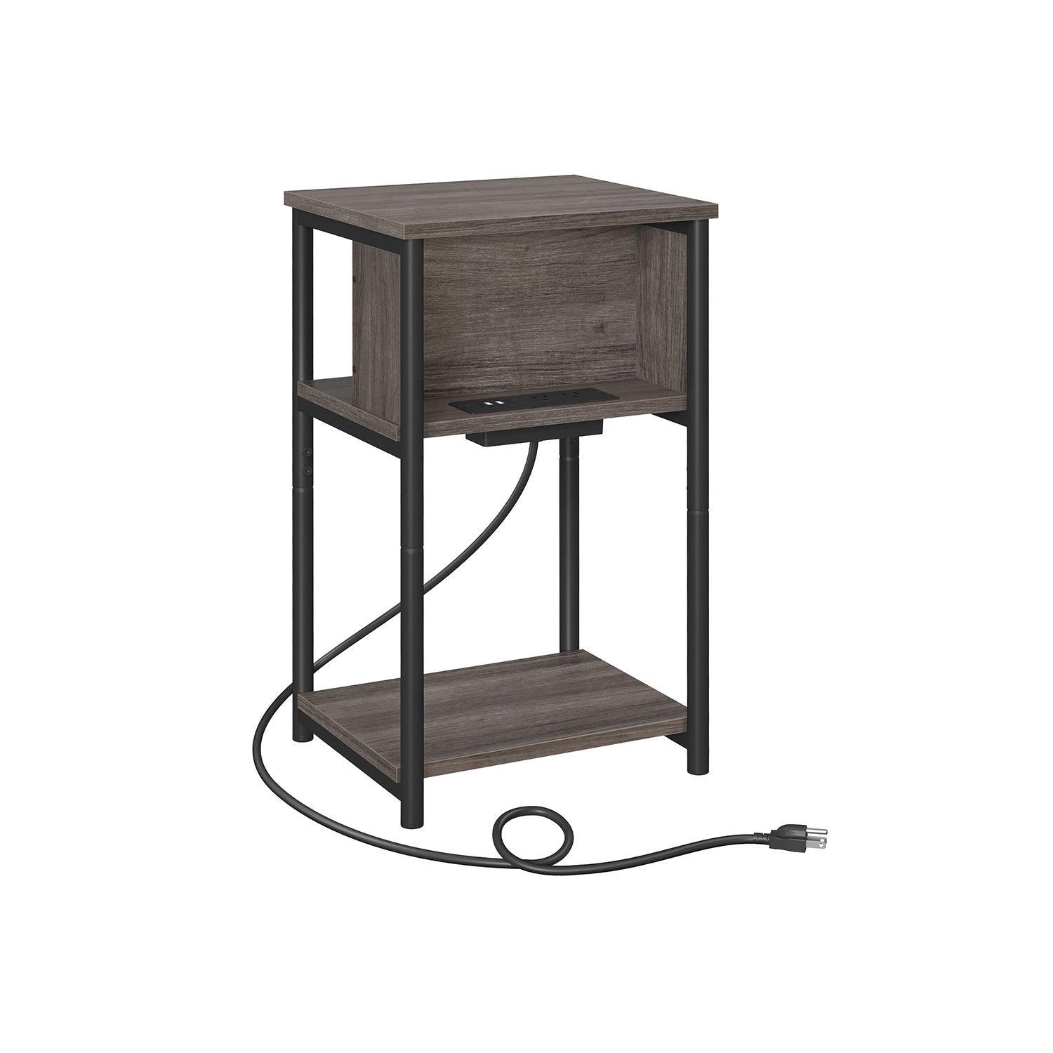 3-Tier End Table with Charging Station Chestnut Brown and Black FredCo
