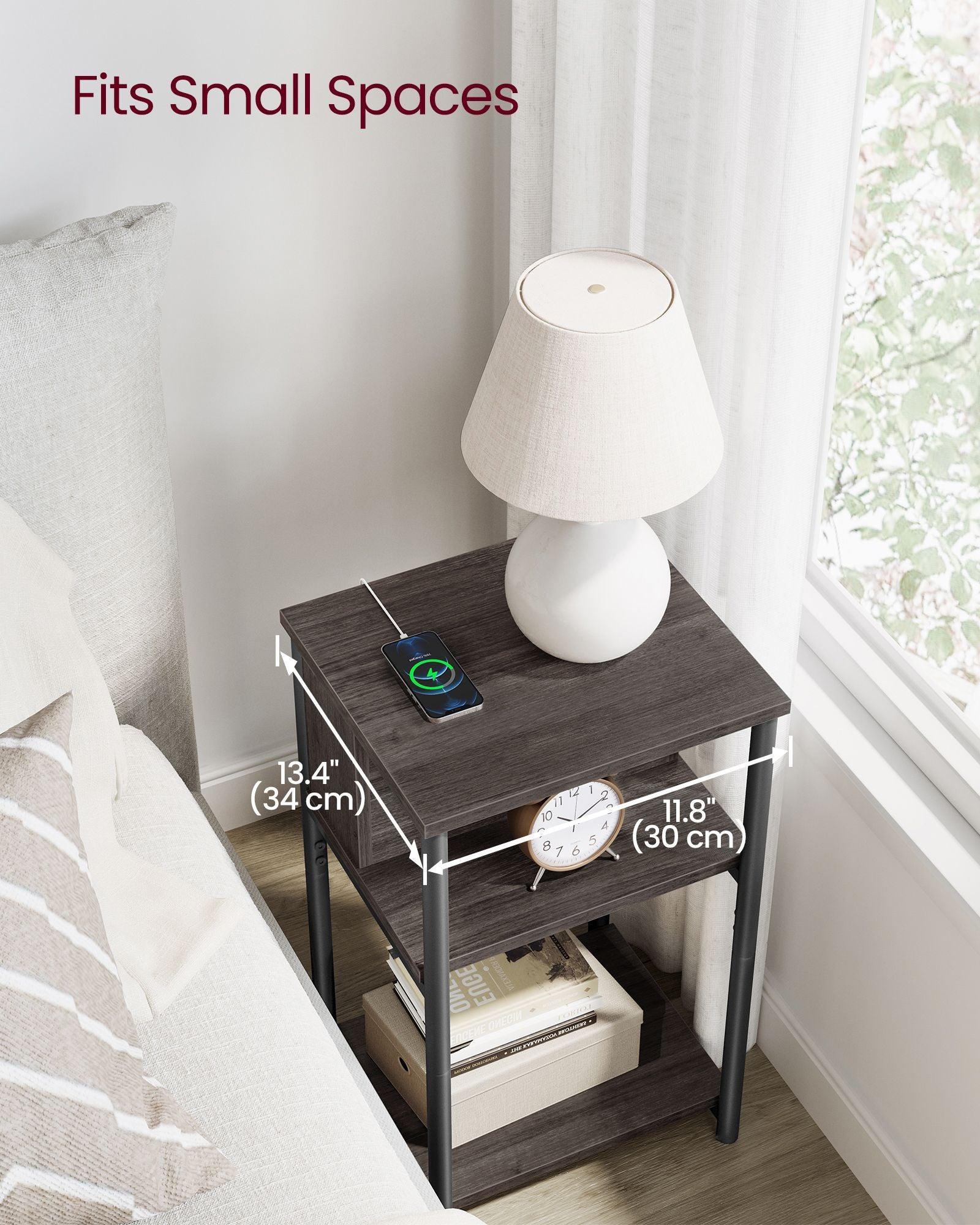 3-Tier End Table with Charging Station Chestnut Brown and Black FredCo