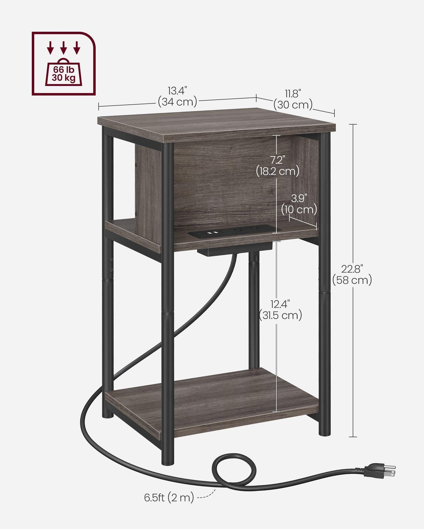 3-Tier End Table with Charging Station Chestnut Brown and Black FredCo