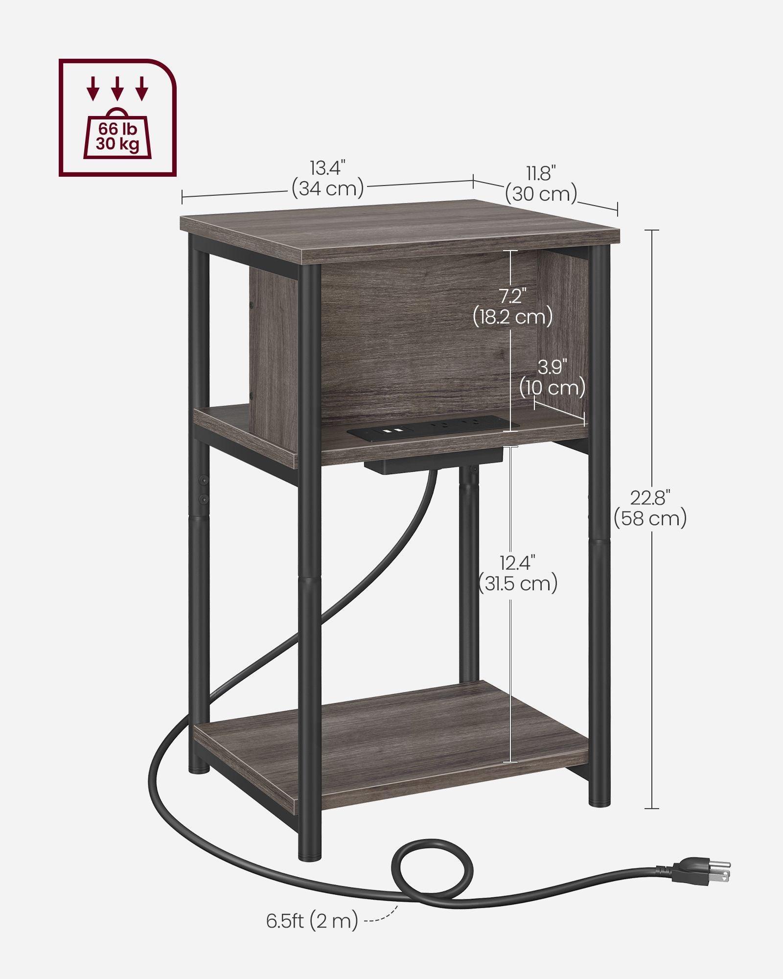 3-Tier End Table with Charging Station Chestnut Brown and Black FredCo